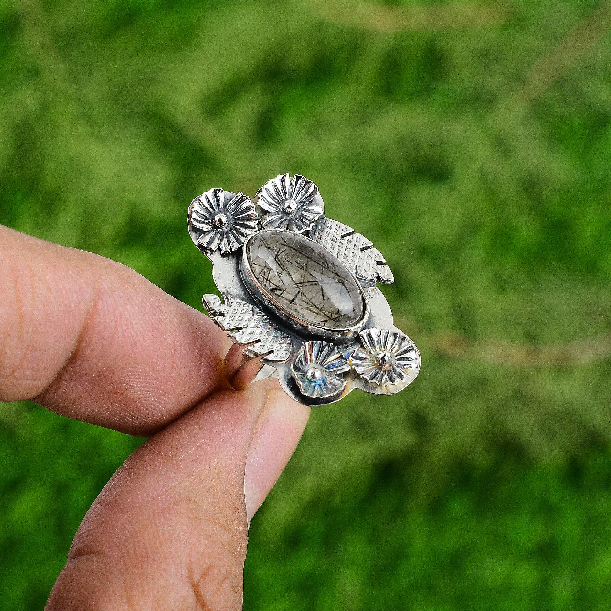 Natural Black Rutilated Quartz 925 Silver Flower Adjustable Ring For Women