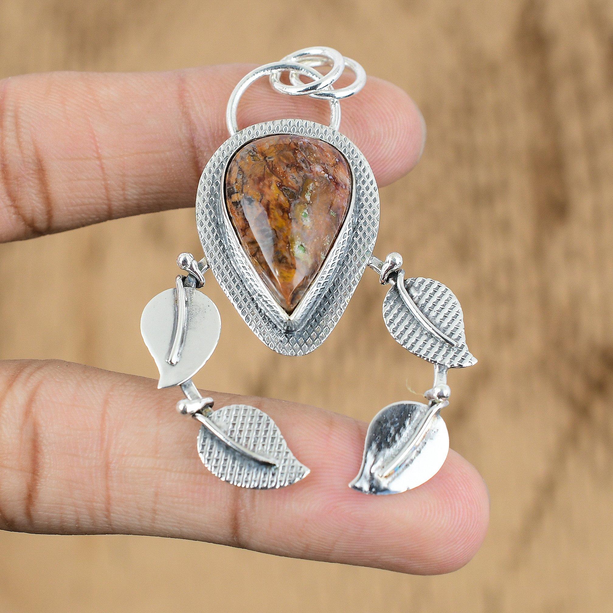 Wedding Gift For Her 925 Sterling Silver Natural Petrified Wood Gemstone Pendant