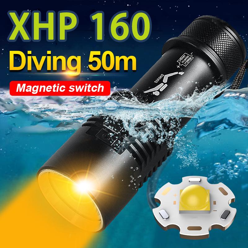 XHP160 Diving Torch Dive 100M Flash Light Yellow Light Strong Penetration Flashlight Rehchargeable Torch Scuba Diving Flashlight