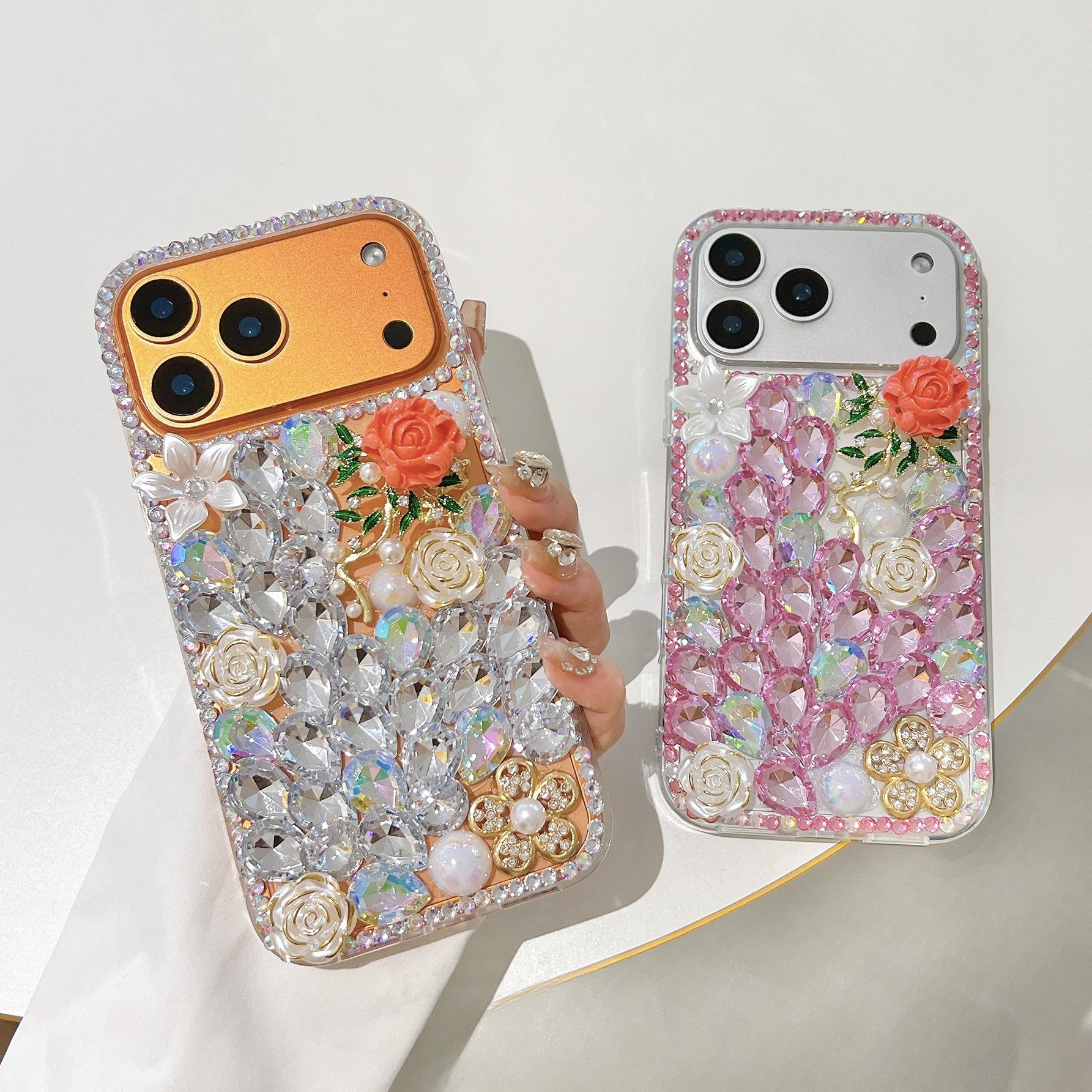 Luxury 3D Bling Rhinestone Floral Phone Case For iPhone 17 16 15 14 13 12 11 Pro Max Air mini 16e 8 7 Plus X XS XR, Crystal Diamond Rose Glitter Cover