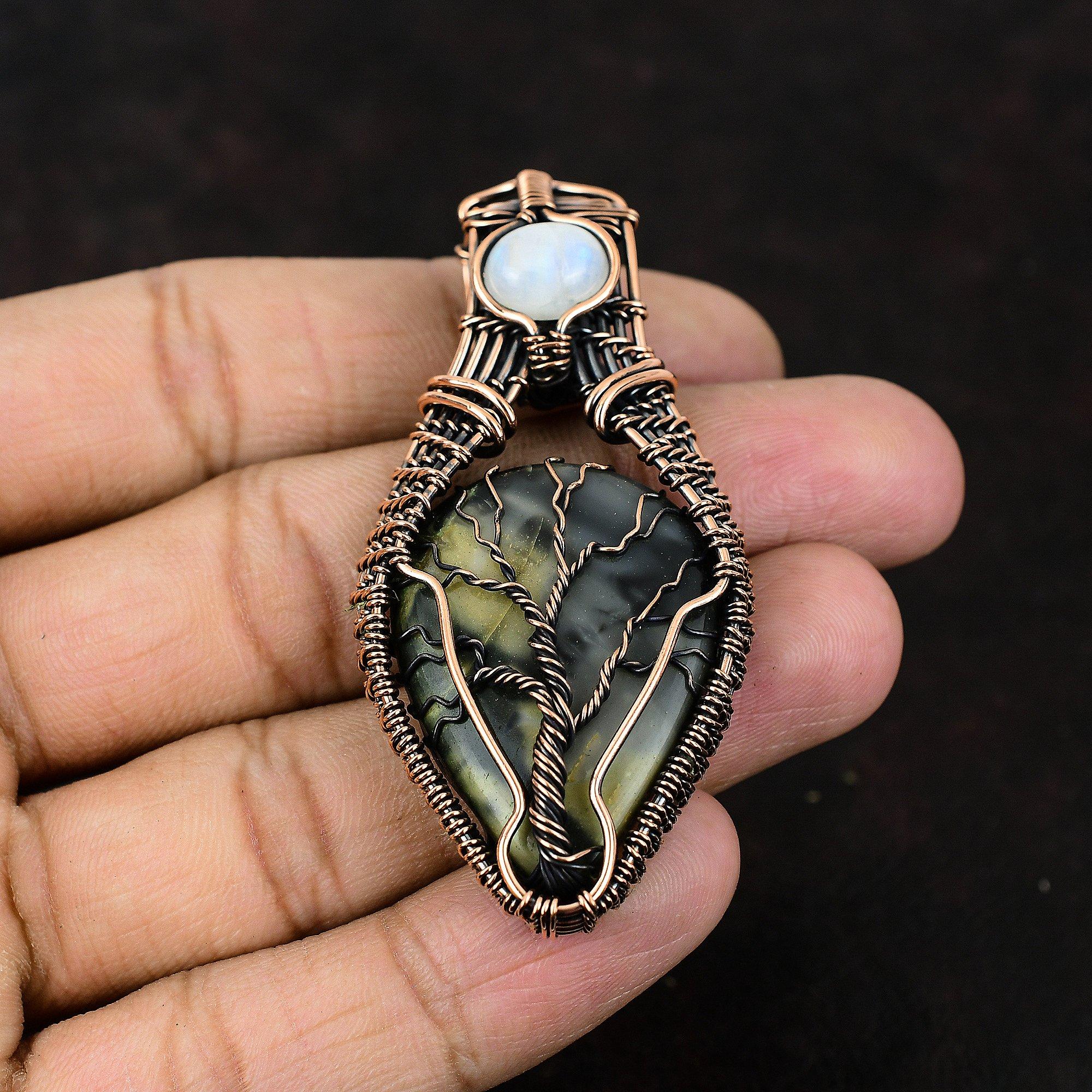 Древо жизни Пикассо Яшма Медный кулон Драгоценный камень Ювелирные изделия Проволочная обертка Подвеска ручной работы Радужный лунный камень Ювелирные изделия Подарок для матери