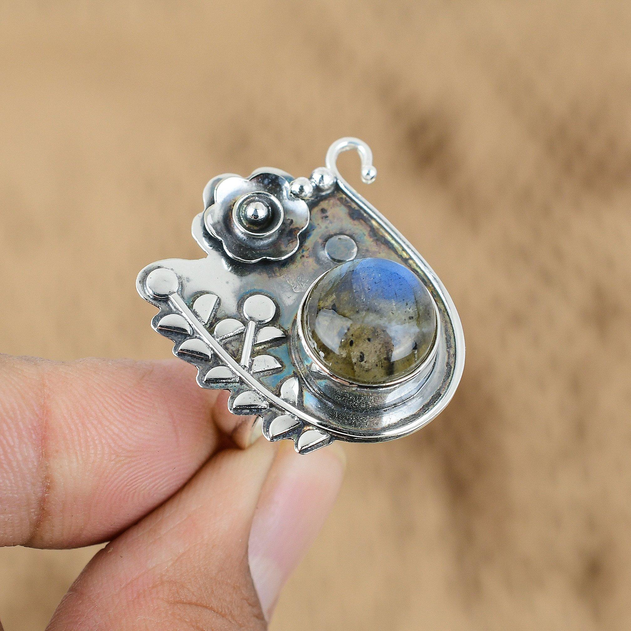 925 Silver Third Eye Chakra Labradorite Stone Mother Flower Promise Ring Jewelry