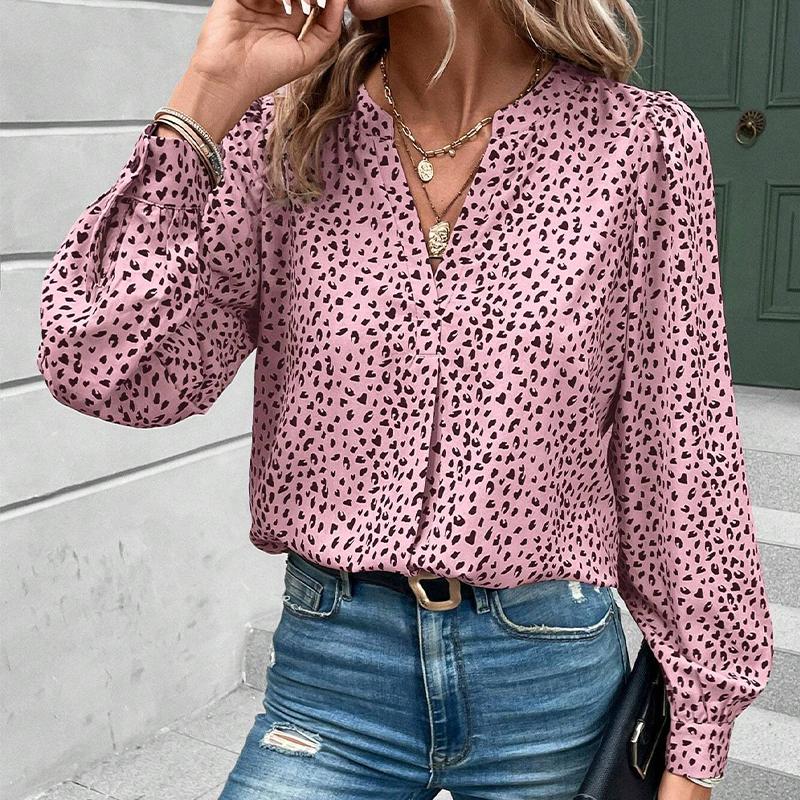 Women's V-neck Top Pullover Leopard Print Shirt Long Sleeves