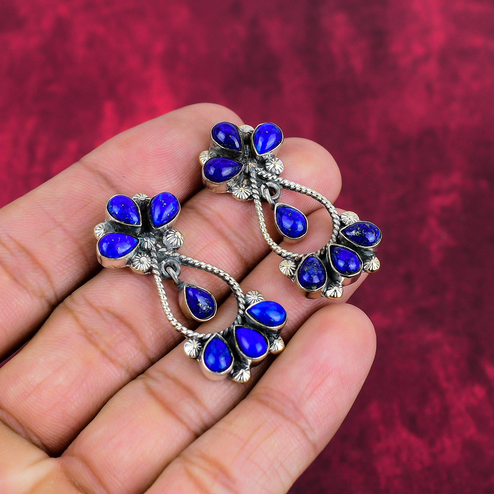 Серьги из лазурита, ювелирные изделия ручной работы, серьги из стерлингового серебра 925 пробы, дизайнерские серьги с драгоценными камнями, подарок для мамы