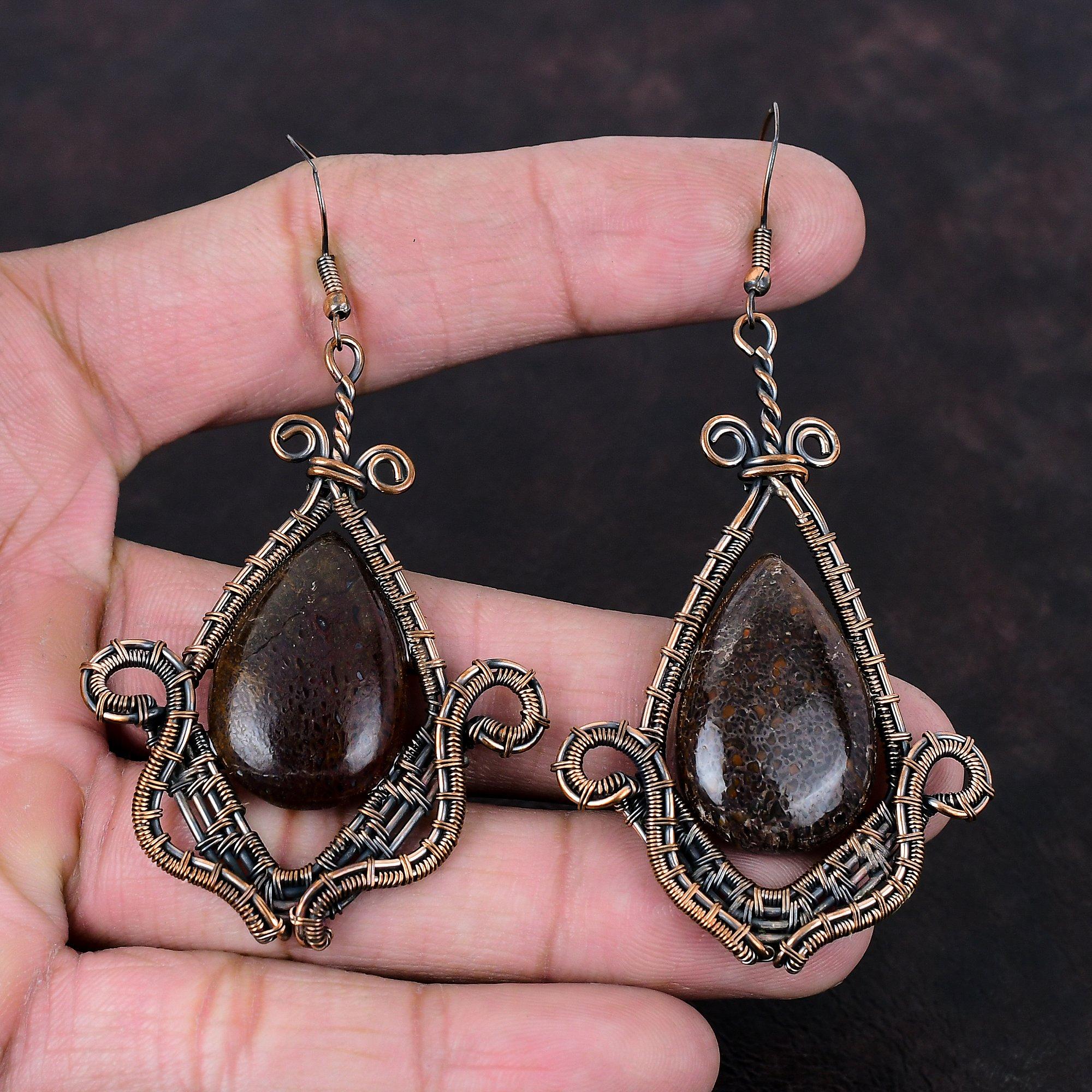 Серьги из кости динозавра, медные серьги, обернутые проволокой, ювелирные изделия из кости динозавра, настоящие серьги из драгоценных камней, серьги ручной работы, подарок для мамы, медные украшения