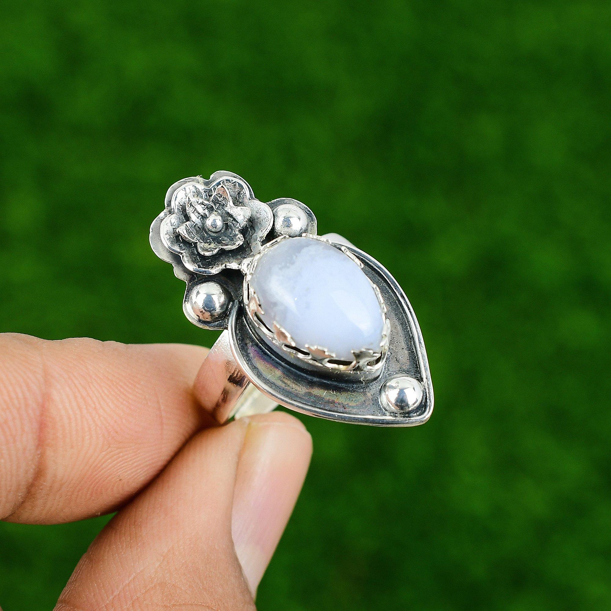 Natural Blue Lace Agate Stackable Flower Adjustable Ring 925 Silver For Girls