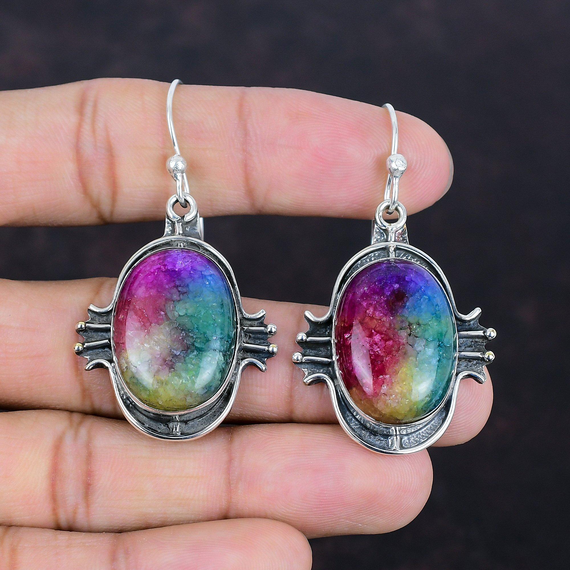 Серьги Rainbow Solar Quartz Druzy, серьги ручной работы из драгоценных камней, серьги из стерлингового серебра 925 пробы, антикварные ювелирные изделия, подарки для мамы, серьги с камнями по месяцу рождения