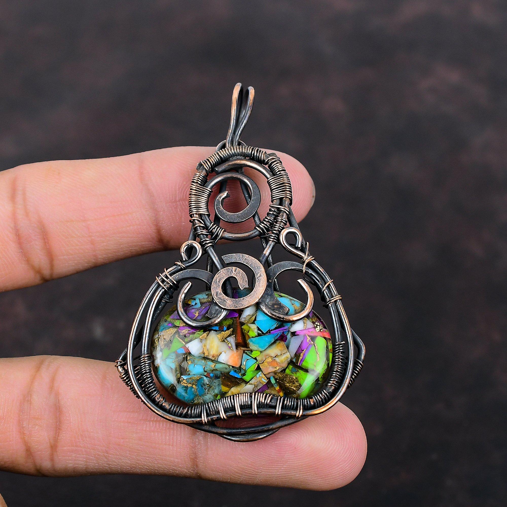 Кулон с бирюзой Кингман, обернутый медной проволокой, кулон с драгоценным камнем, многослойный кулон из меди и бирюзы, удивительные медные украшения, кулон ручной работы