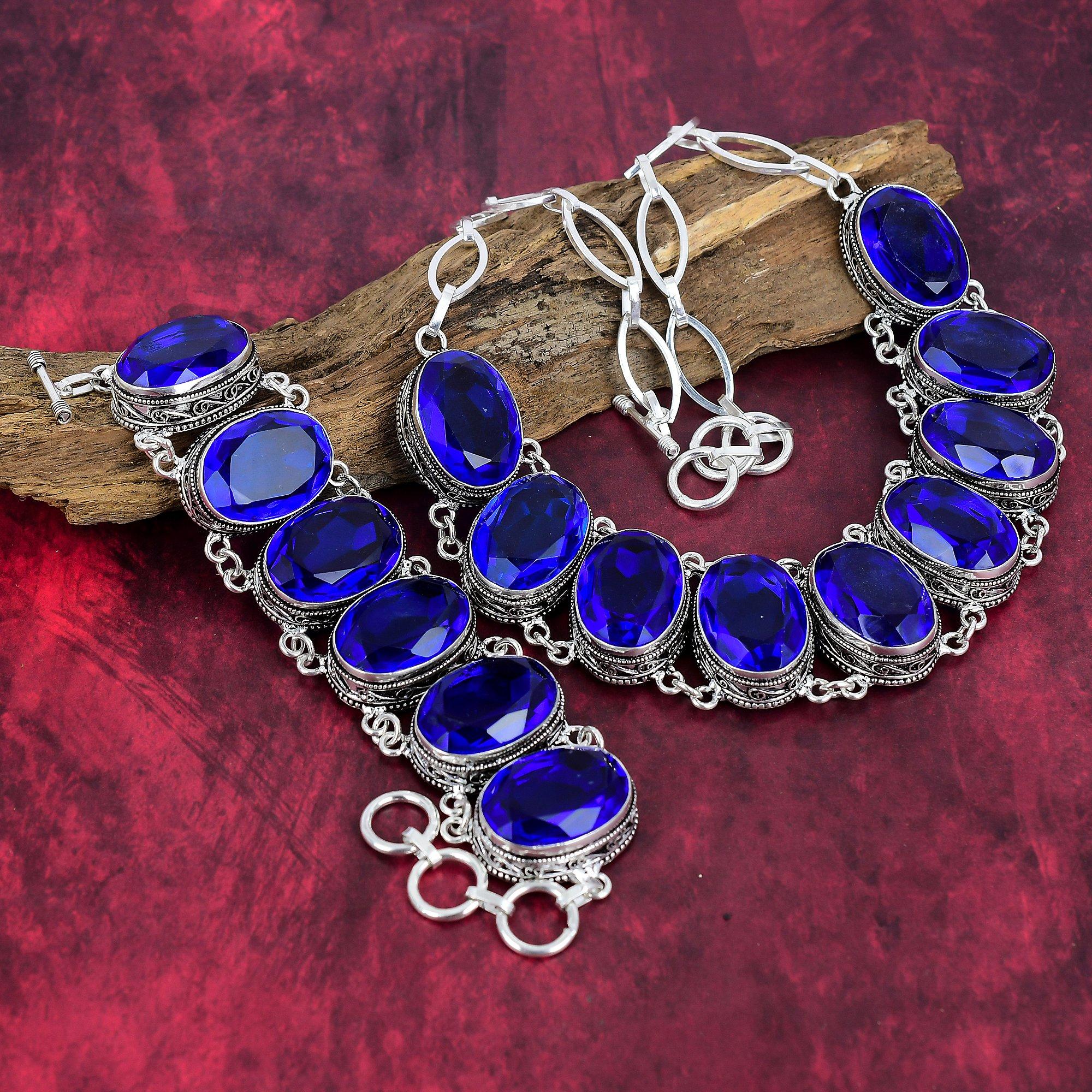 Ожерелье ручной работы с драгоценным камнем танзанит, браслет из цельного серебра 925 пробы, старинные ювелирные изделия, регулируемое ожерелье-цепочка и комплект ювелирных изделий из браслета