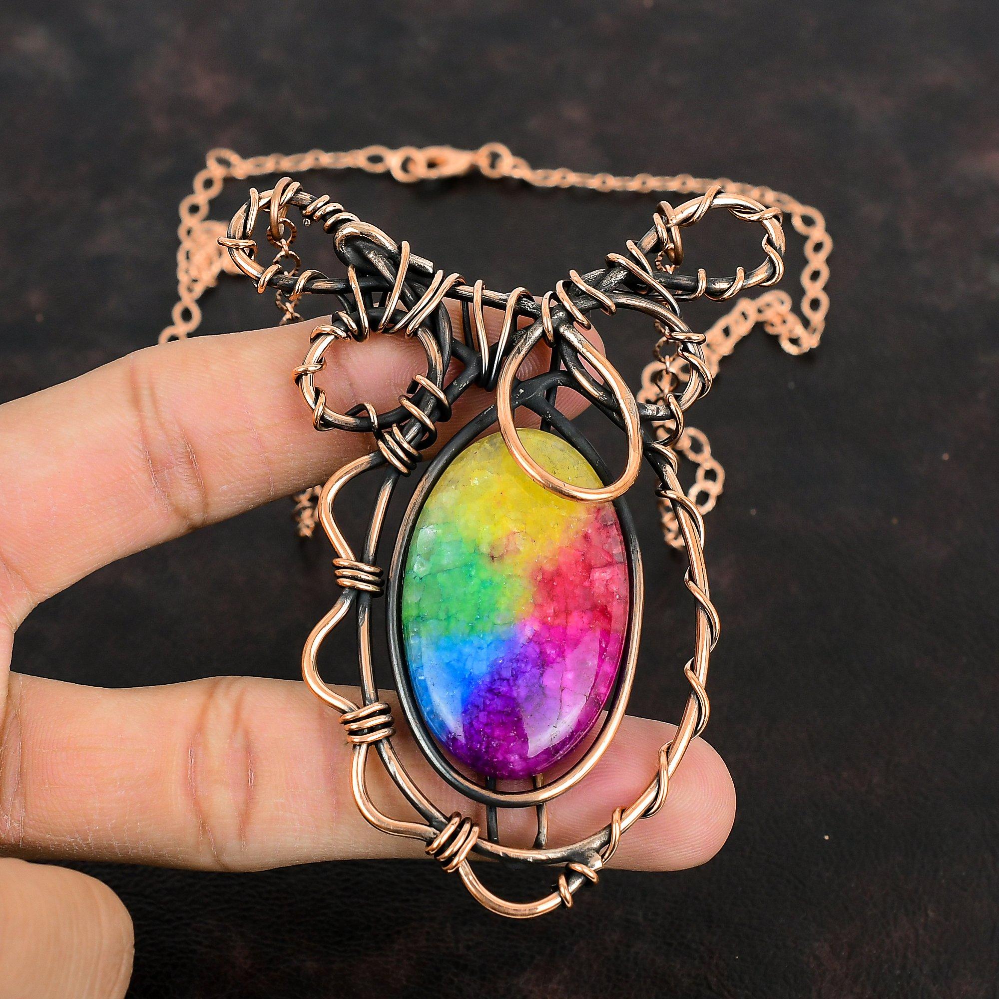 Ожерелье Друза Радужного Солнечного Кварца, Ожерелье из Драгоценного Камня, Оплетенное Медной Проволокой, Ожерелье с Регулируемой Цепочкой, Медные Украшения Ручной Работы, Подарки на Помолвку