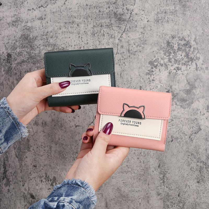 Женский короткий кошелек, милый складной мини-кошелек из искусственной кожи, студенческий кошелек для монет в форме кошки с пряжкой, держатель для карт
