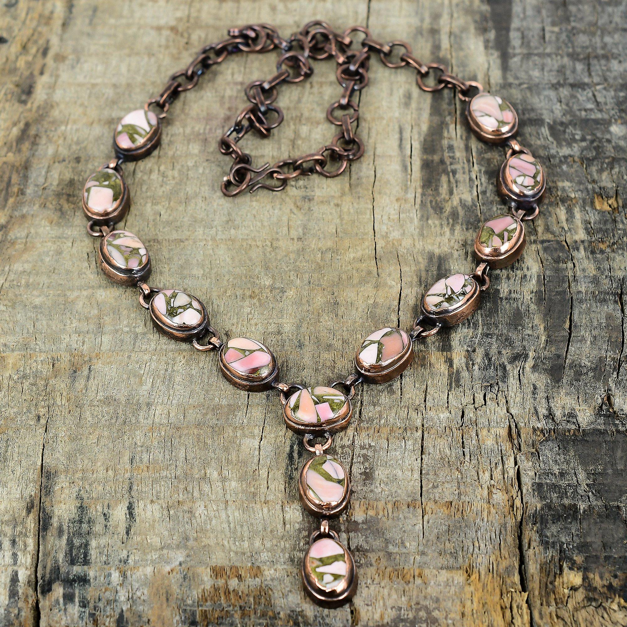 Медное колье с розовым опалом, электроформированное медное колье, регулируемая цепочка, красивое колье с драгоценным камнем, украшения ручной работы, подарки для нее