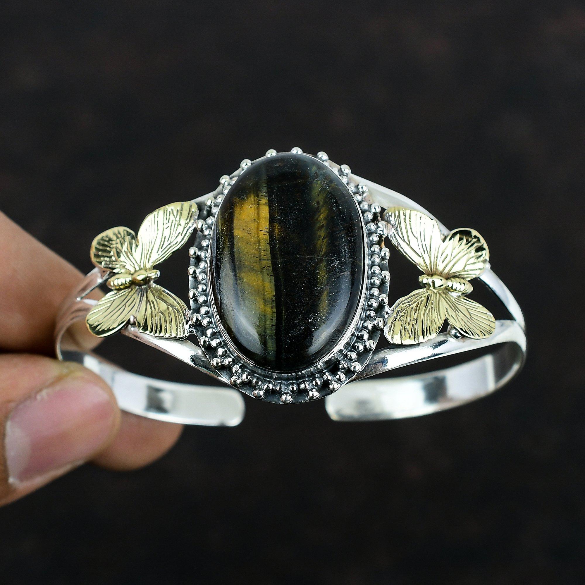 Pietersite Cuff Bracelet Gemstone Butterfly Bangle Handmade Jewelry 925 Sterling Silver Cuff Bracelet Adjustable Bangle 18K Gold Plated Cuff