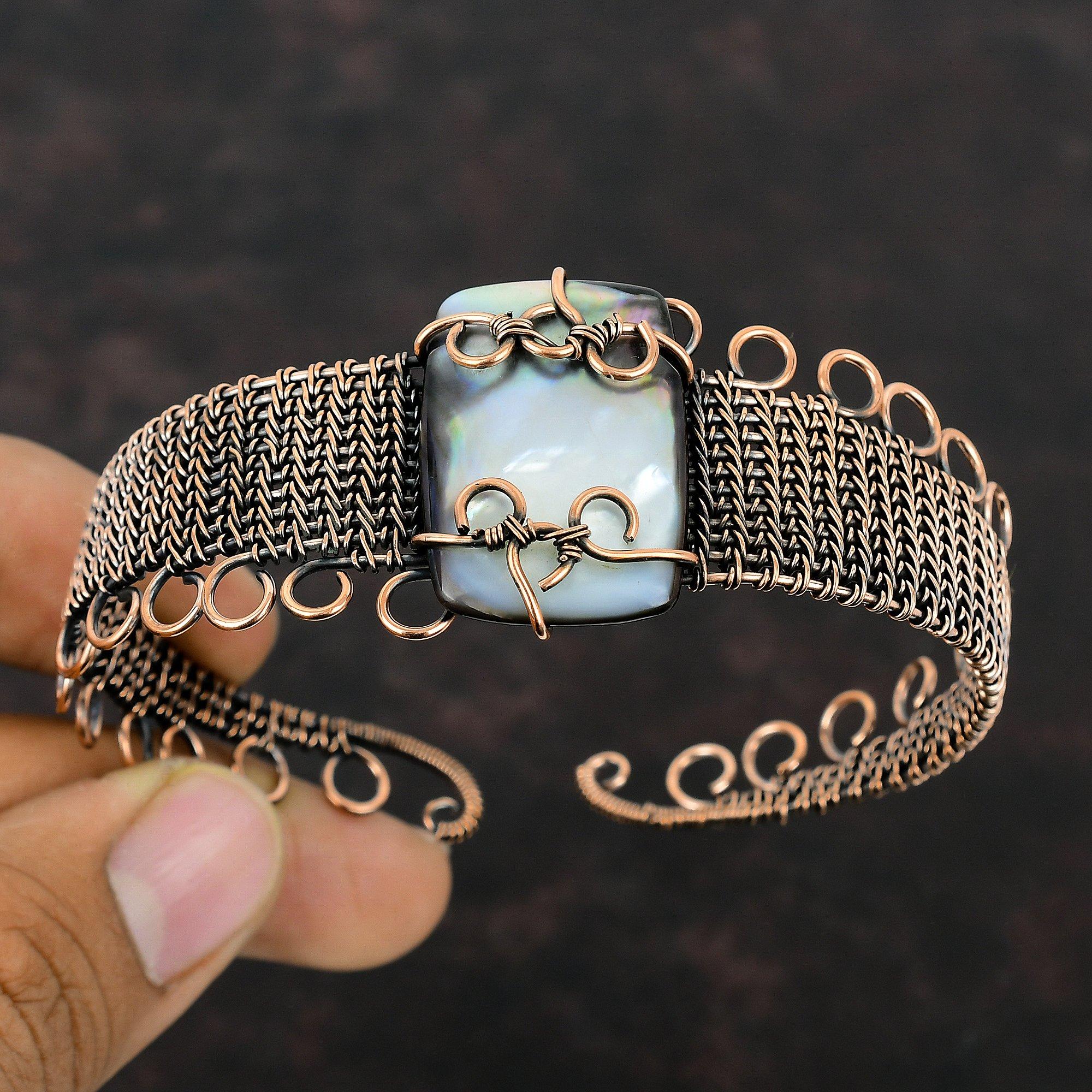 Black Mother Of Pearl Bangle Copper Wire Wrapped Cuff Bracelet Gemstone Adjustable Bangle Handmade Bracelet Gift For Him Copper Wire Jewelry
