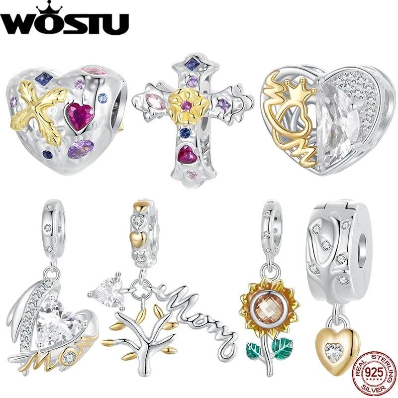 WOSTU 925 Sterling Silver Mother's Day Gold Charm Heart Wing Pendant Cross Tree Stopper Beads Fit Original Bracelet Guard Gift