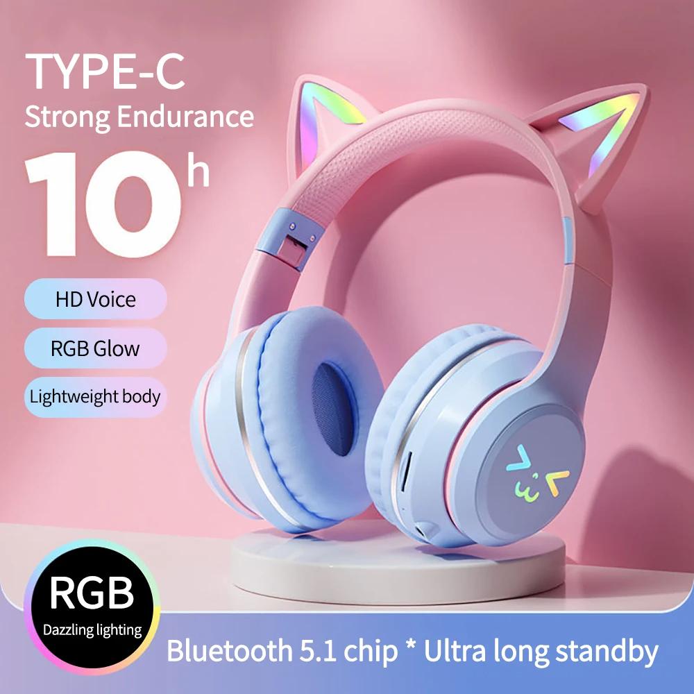 2024 New Cute Cat RGB Colour Lights Wireless Headphones Bluetooth 5.1 Stereo Music Gaming Headsets for Girls Kids Gift Headset with Microphone