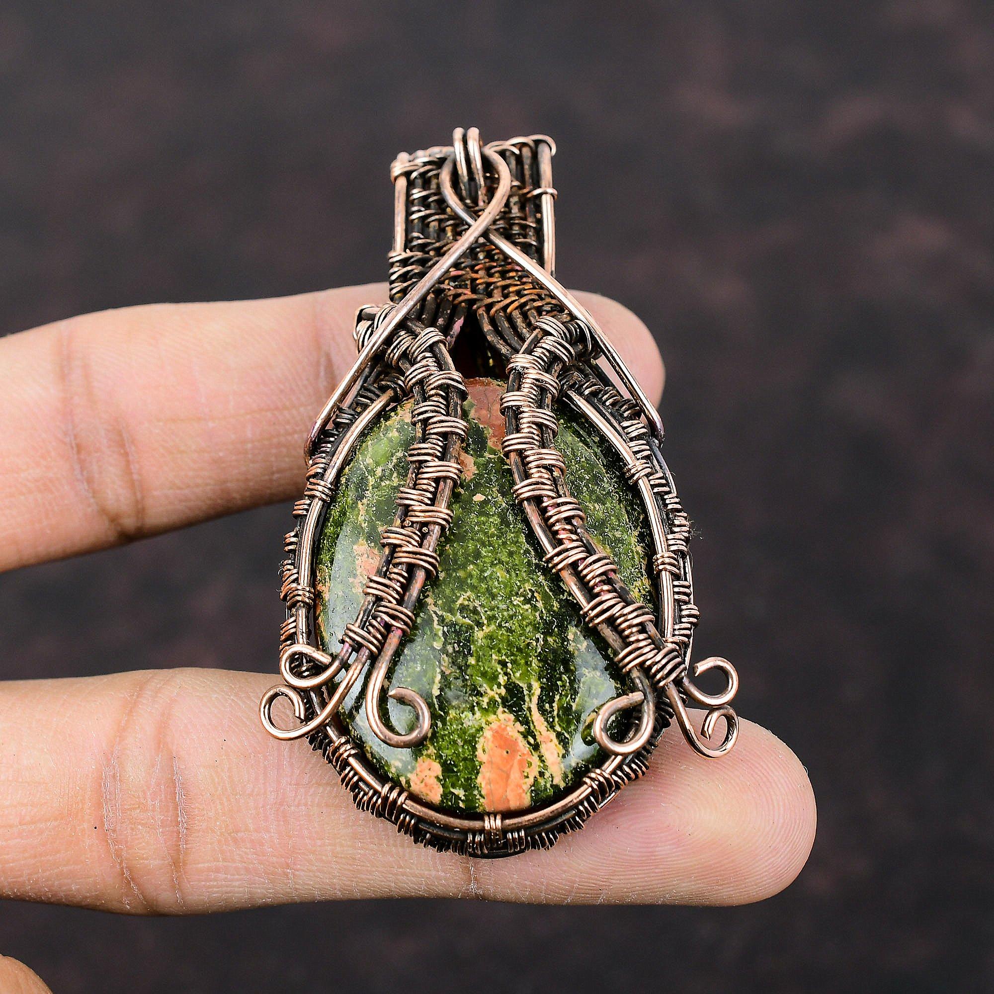 Подвеска из унакита, обернутая медной проволокой, ювелирное изделие, подвеска из драгоценного камня, ювелирное изделие ручной работы из унакита, подвески из медной проволоки, дизайнерские ювелирные изделия, подарок для невесты