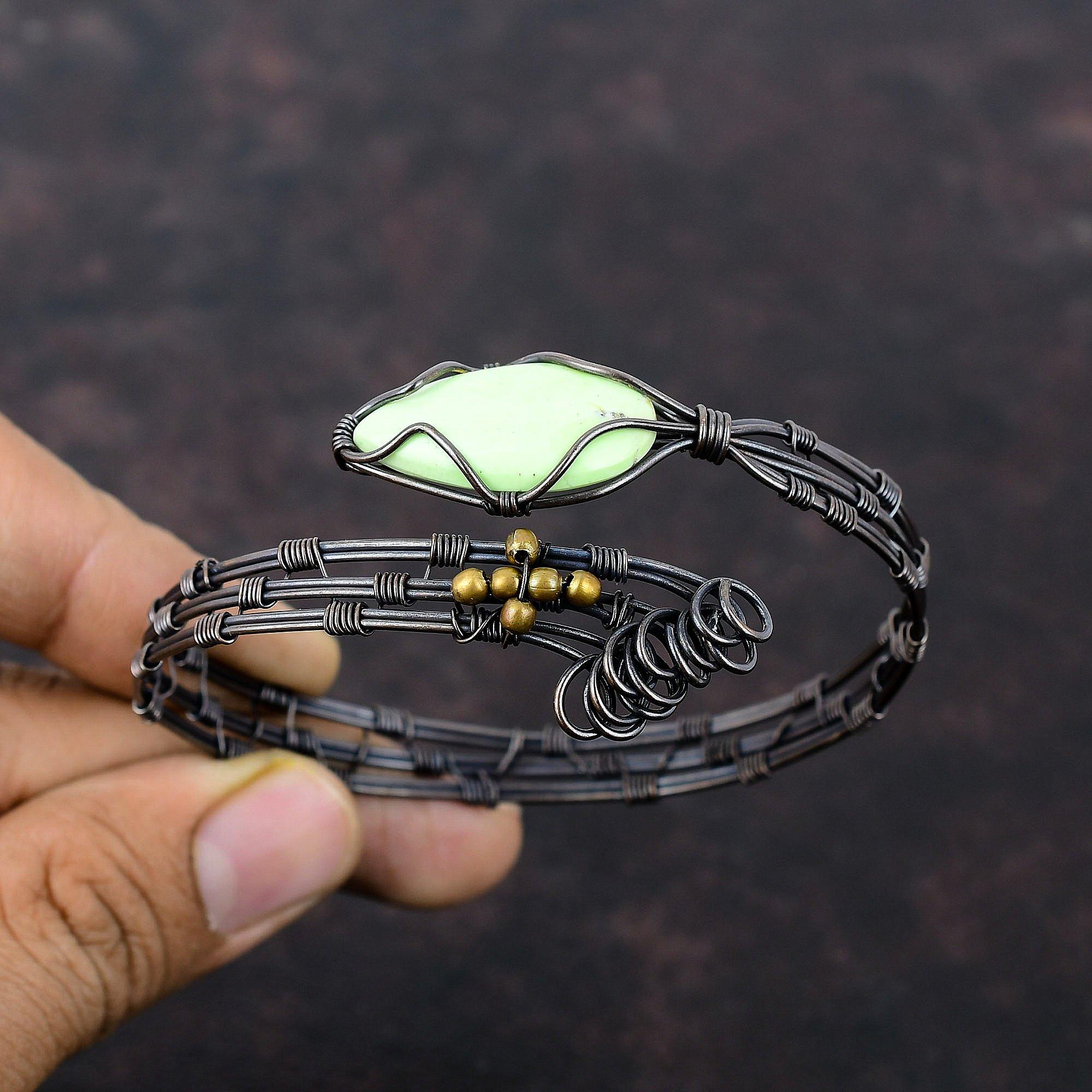 Браслет-манжета из лимонного хризопраза, браслет из медной проволоки с драгоценными камнями, регулируемый браслет-манжета, ювелирные изделия ручной работы для подарка, ювелирные изделия из медной проволоки