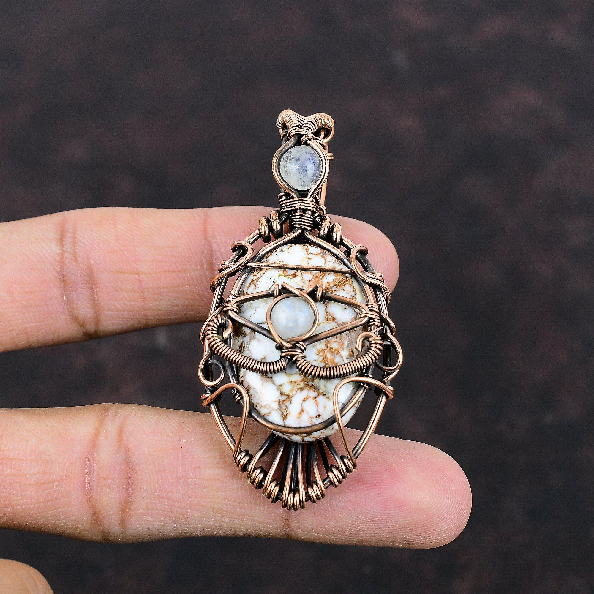 Подвеска из магнезита с дурным глазом и дикой лошадью, обернутая медной проволокой, подвеска ручной работы из радужного лунного камня, драгоценный камень, медное ювелирное изделие, подарок для женщин