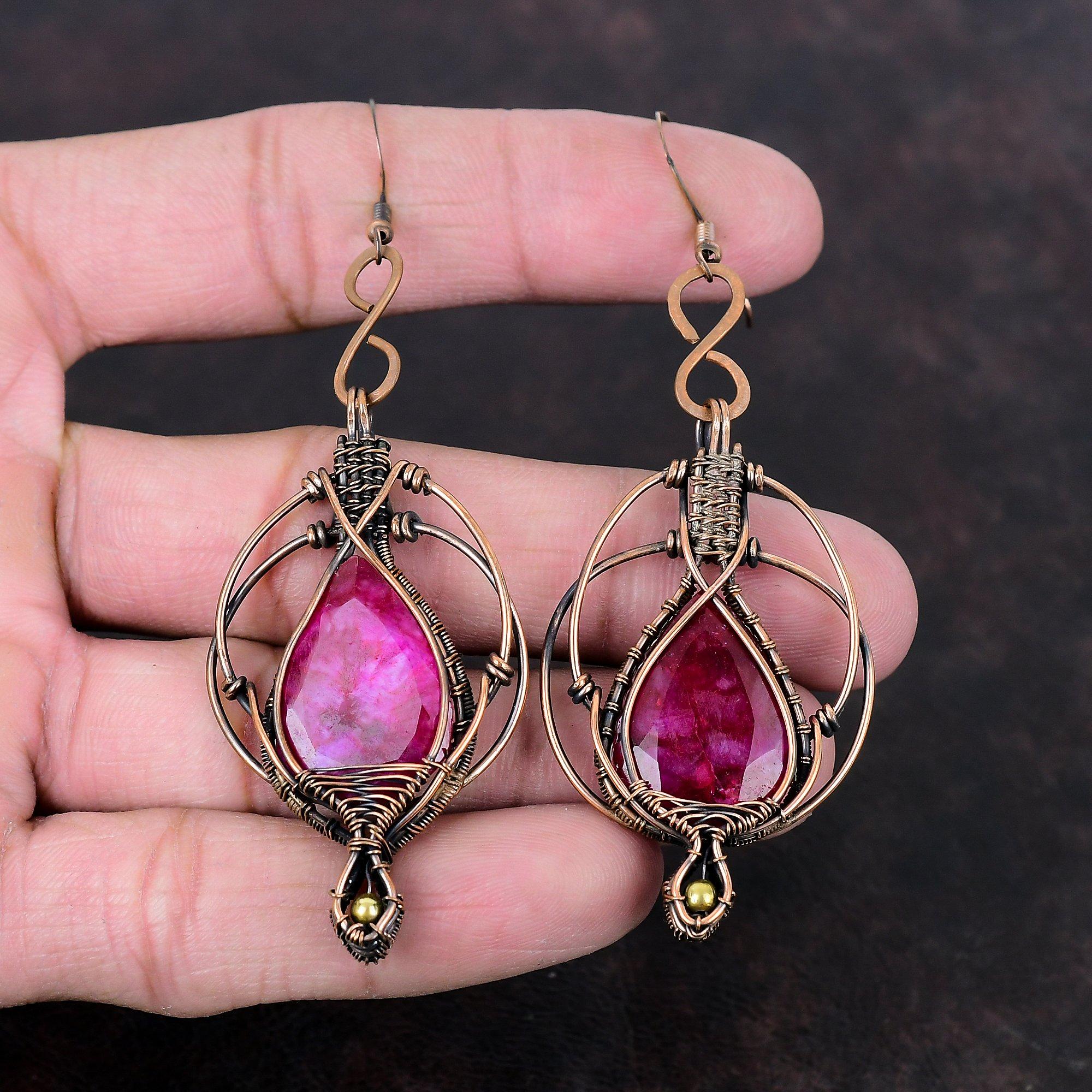 Граненые серьги с кашмирским рубином, серьги из медной проволоки, серьги ручной работы, потрясающие медные украшения, оригинальные серьги с драгоценными камнями, подарок для мамы