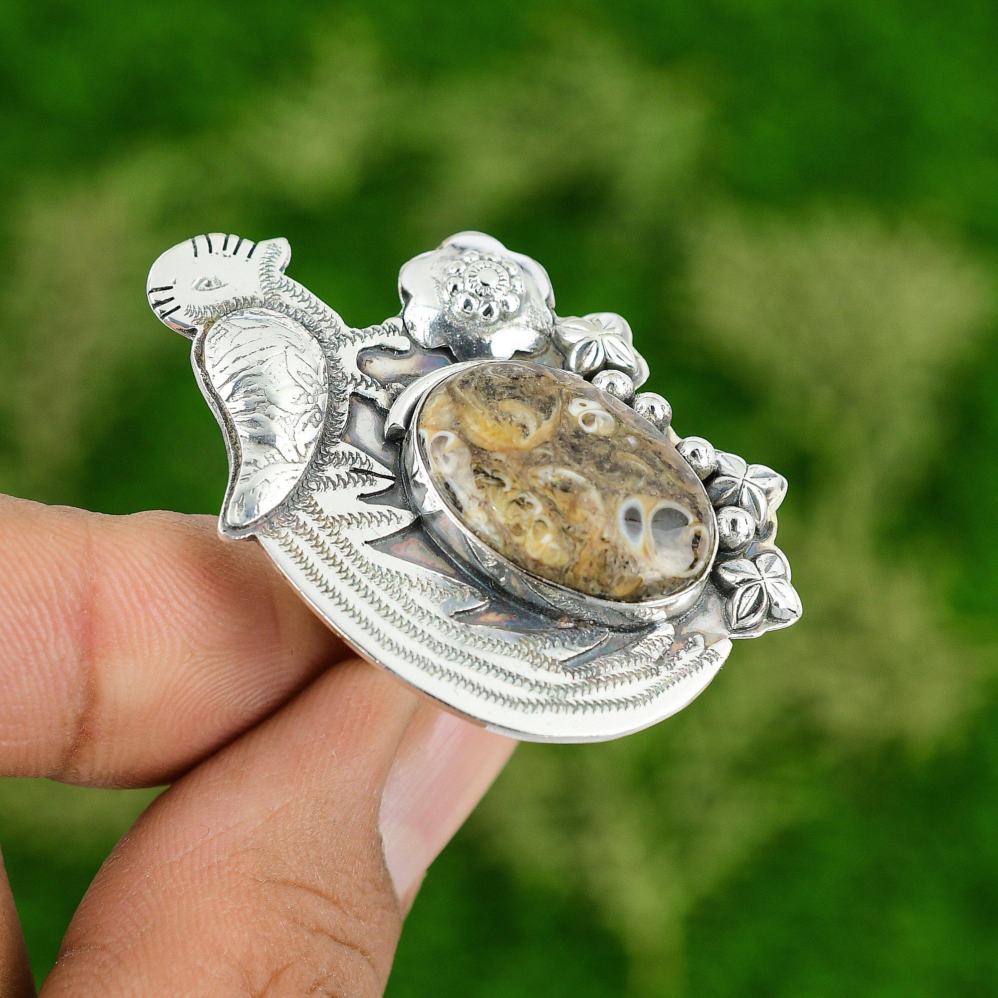 Натуральный агат Туррителла Драгоценный камень Кольцо-обещание Птица Коричневый Регулируемое кольцо Серебро 925 пробы