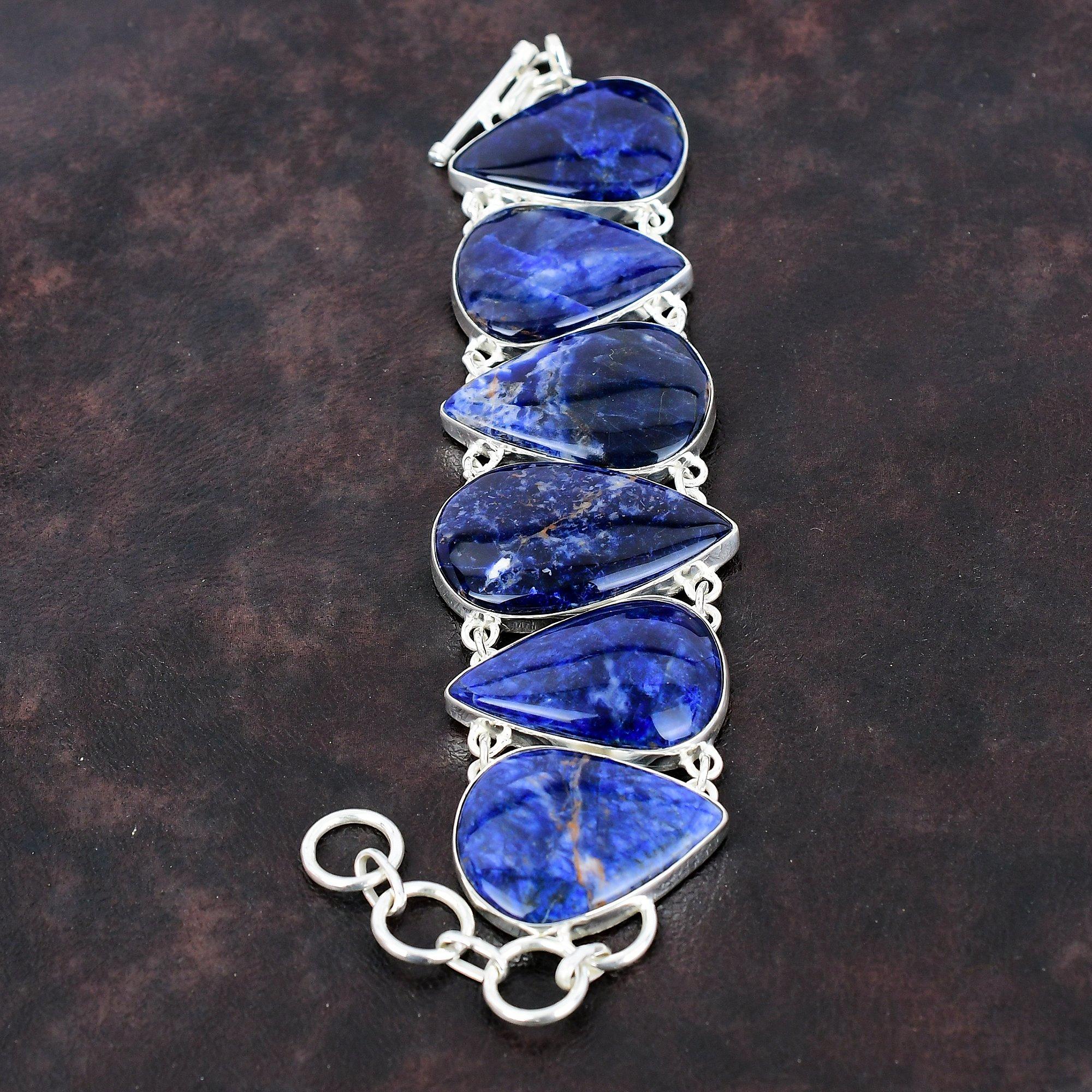 Браслет из содалита Браслет из драгоценных камней Ювелирные изделия ручной работы Браслет из стерлингового серебра 925 пробы Регулируемый браслет-цепочка Ювелирные изделия из содалита Подарок на помолвку