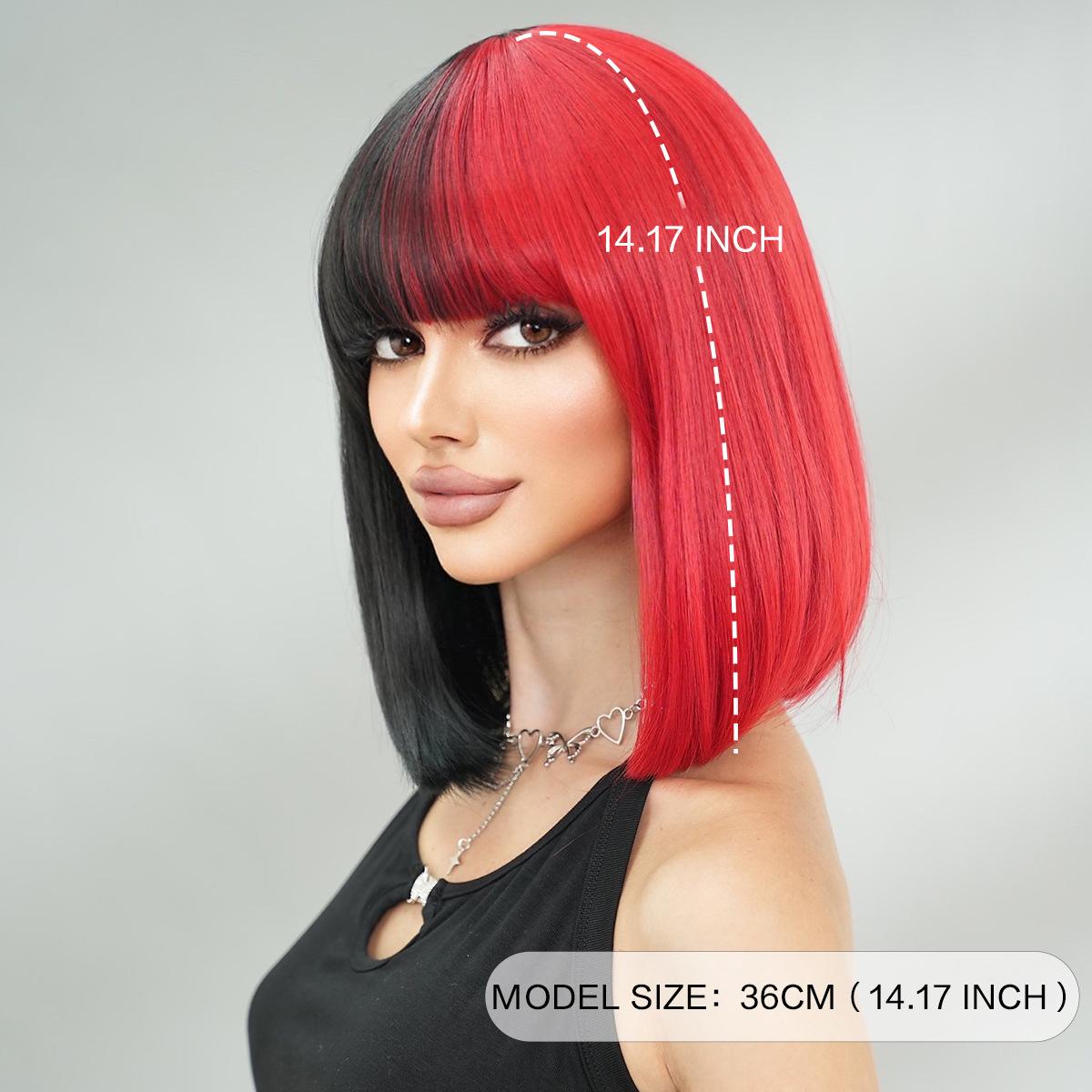 Half Black Half Red Bob Wig for Women - Full Bangs Short Straight Hair, Halloween Party Cosplay Street Style Two-Tone Full Cap Wig