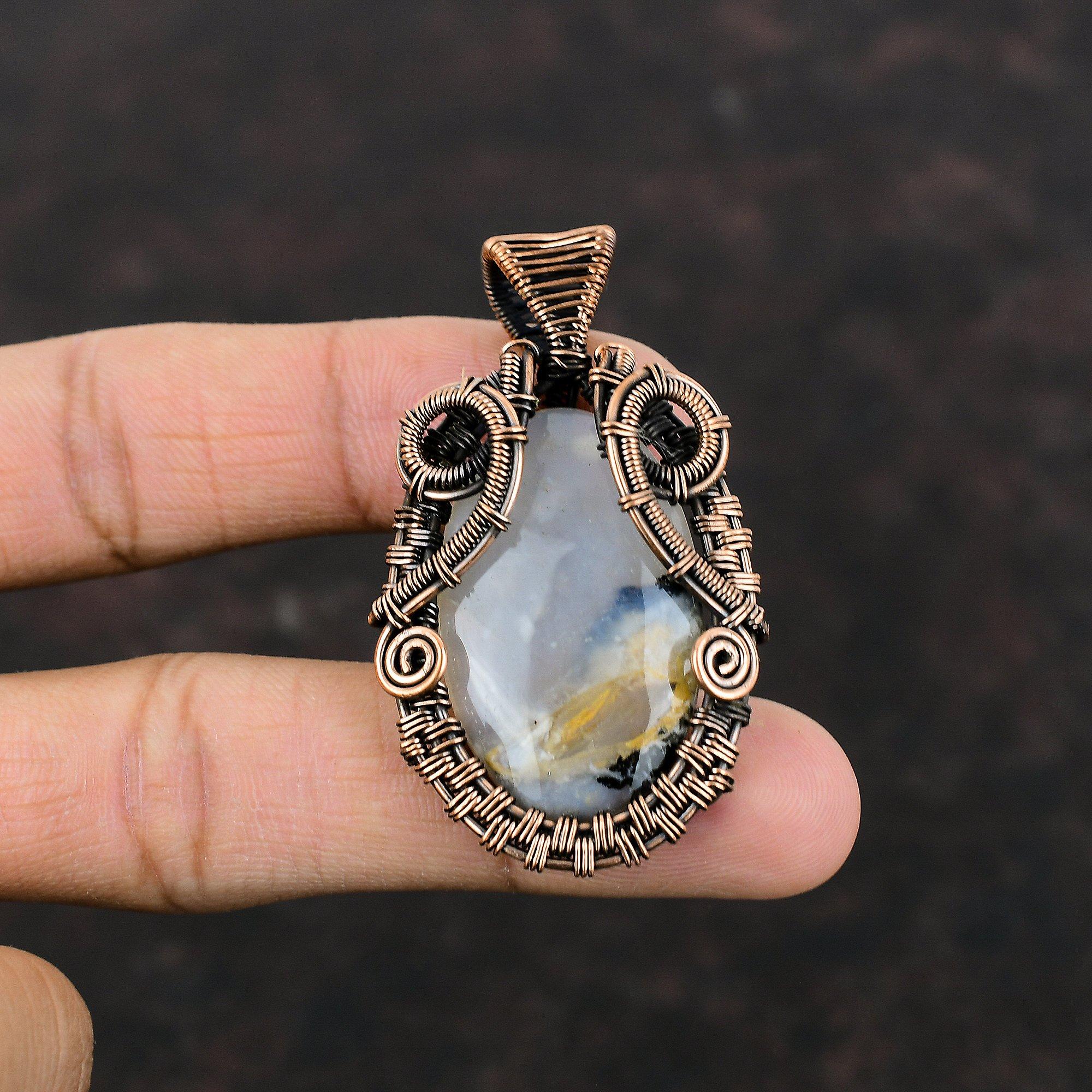 Кулон с агатом, медная проволока, кулон, дизайнерский кулон, проволочная обмотка, ювелирные изделия из драгоценных камней, кулон ручной работы, медные украшения, подарок на годовщину
