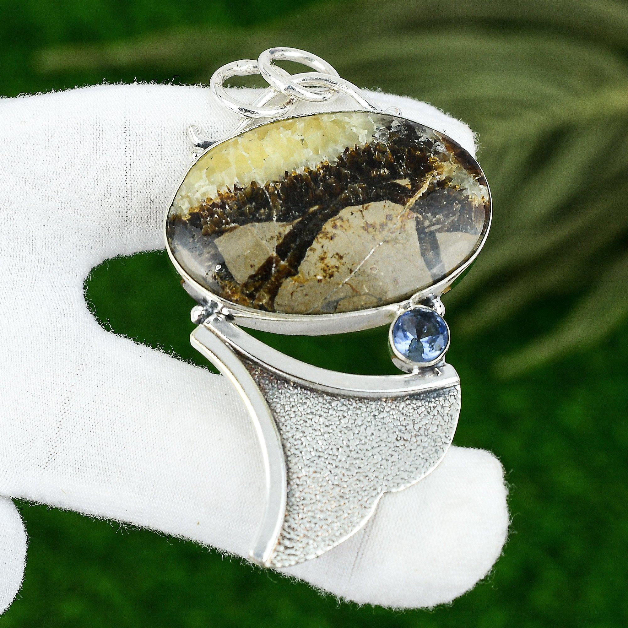 Sterling Silver Natural Septarian Iolite Bezel Daughter Trendy Unique Pendant