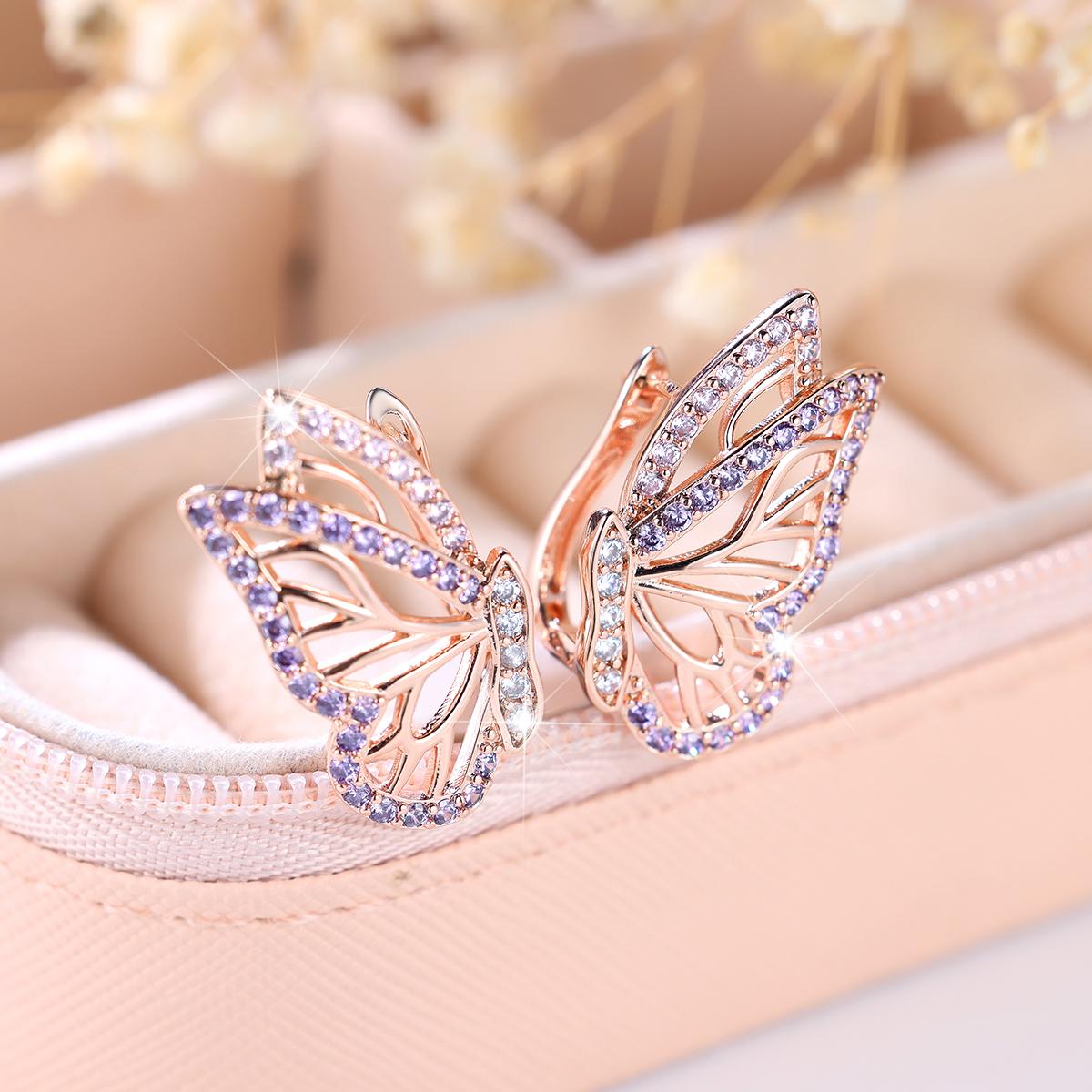 1 Pair Purple Butterfly Drop Earrings for Women Girls Luxury Rose Gold Color Hoop Earrings Wedding Party Jewelry Birthday Gifts