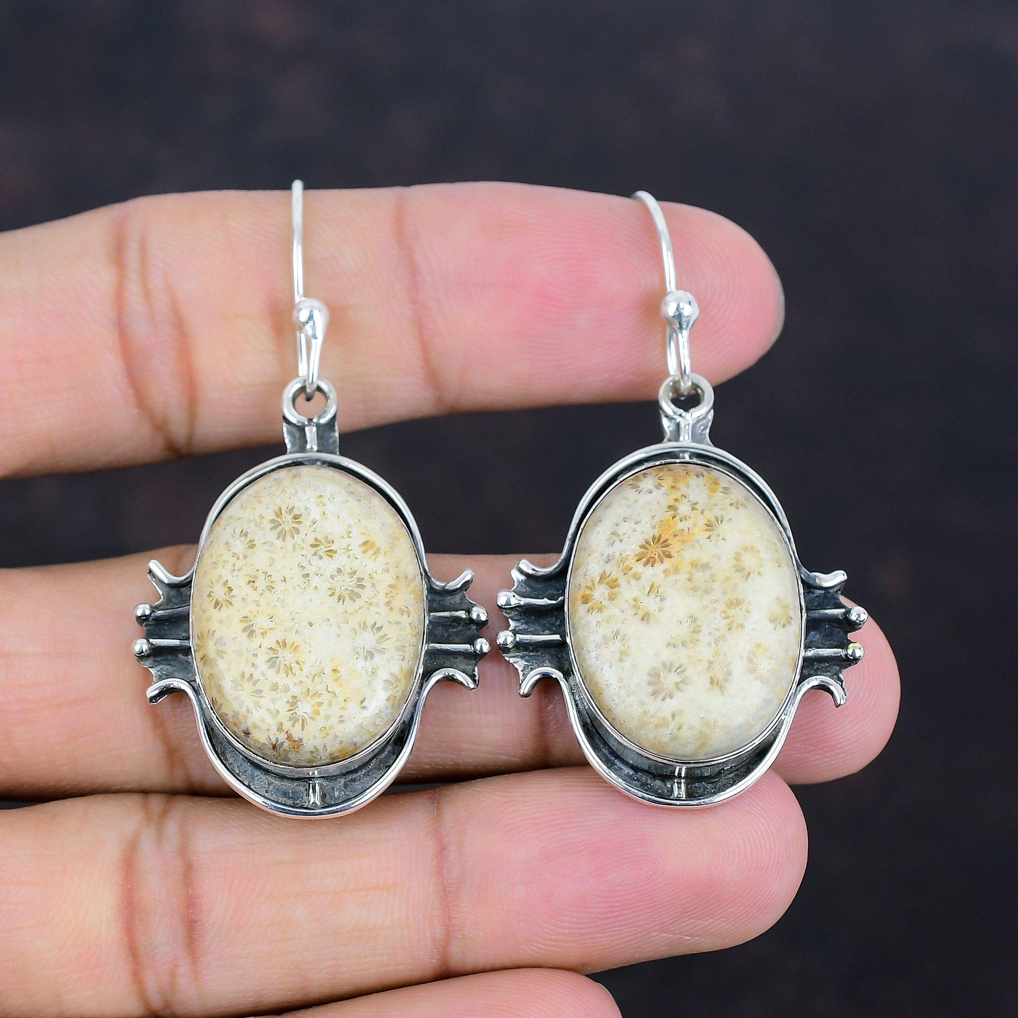 Серьги из ископаемого коралла, серьги ручной работы, драгоценные камни, серьги из стерлингового серебра 925 пробы, ювелирные изделия из ископаемого коралла, подарки для женщин, дизайнерские украшения