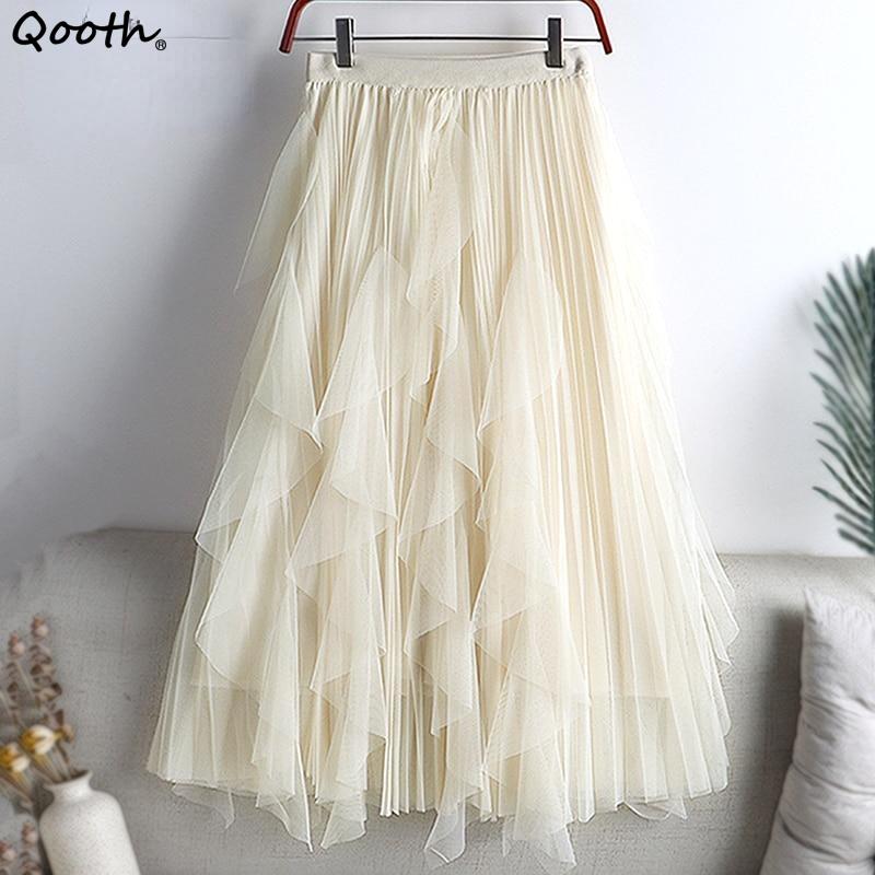 Qooth Summer Long Maxi Skirt Women FCute High-waisted Pleated Kawaii Tulle Skirt Mesh Gauze QT1240