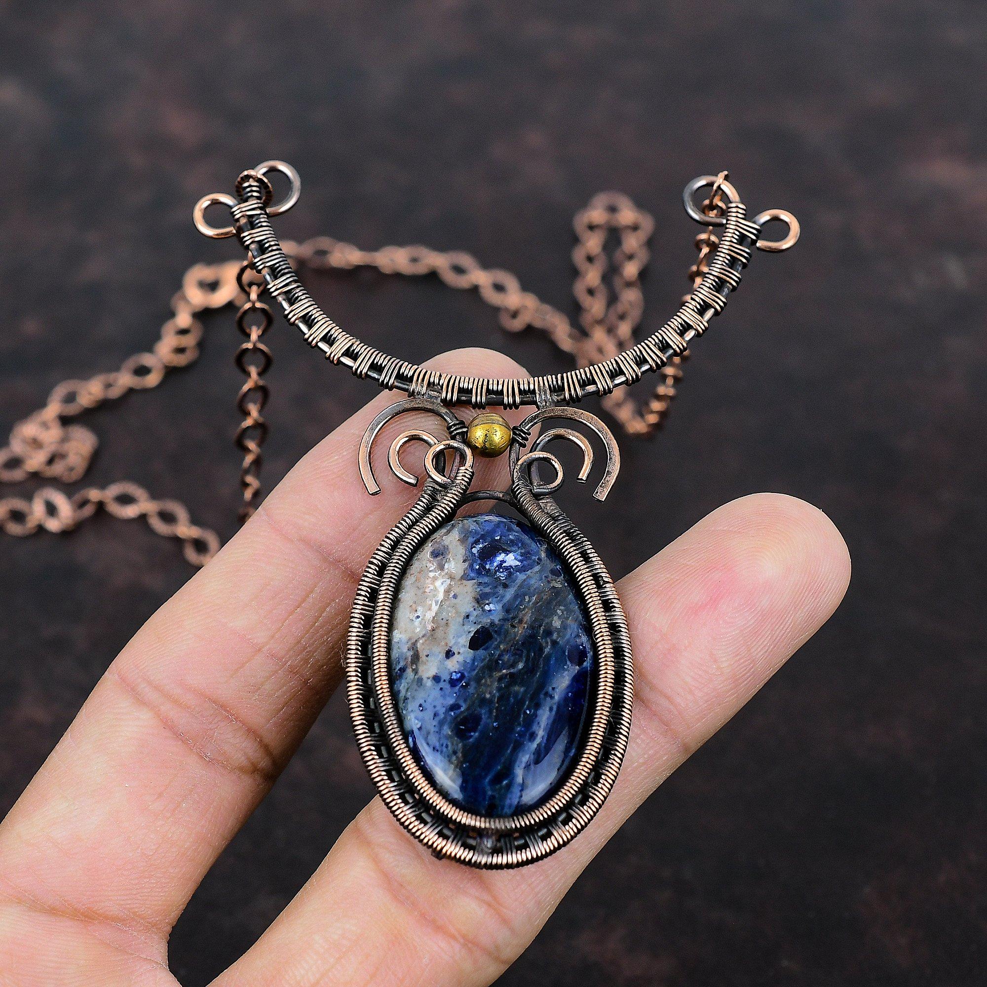 Ожерелье из содалита, обмотанное медной проволокой, регулируемое, медная бижутерия, ожерелье ручной работы, новая бижутерия, свадебный подарок