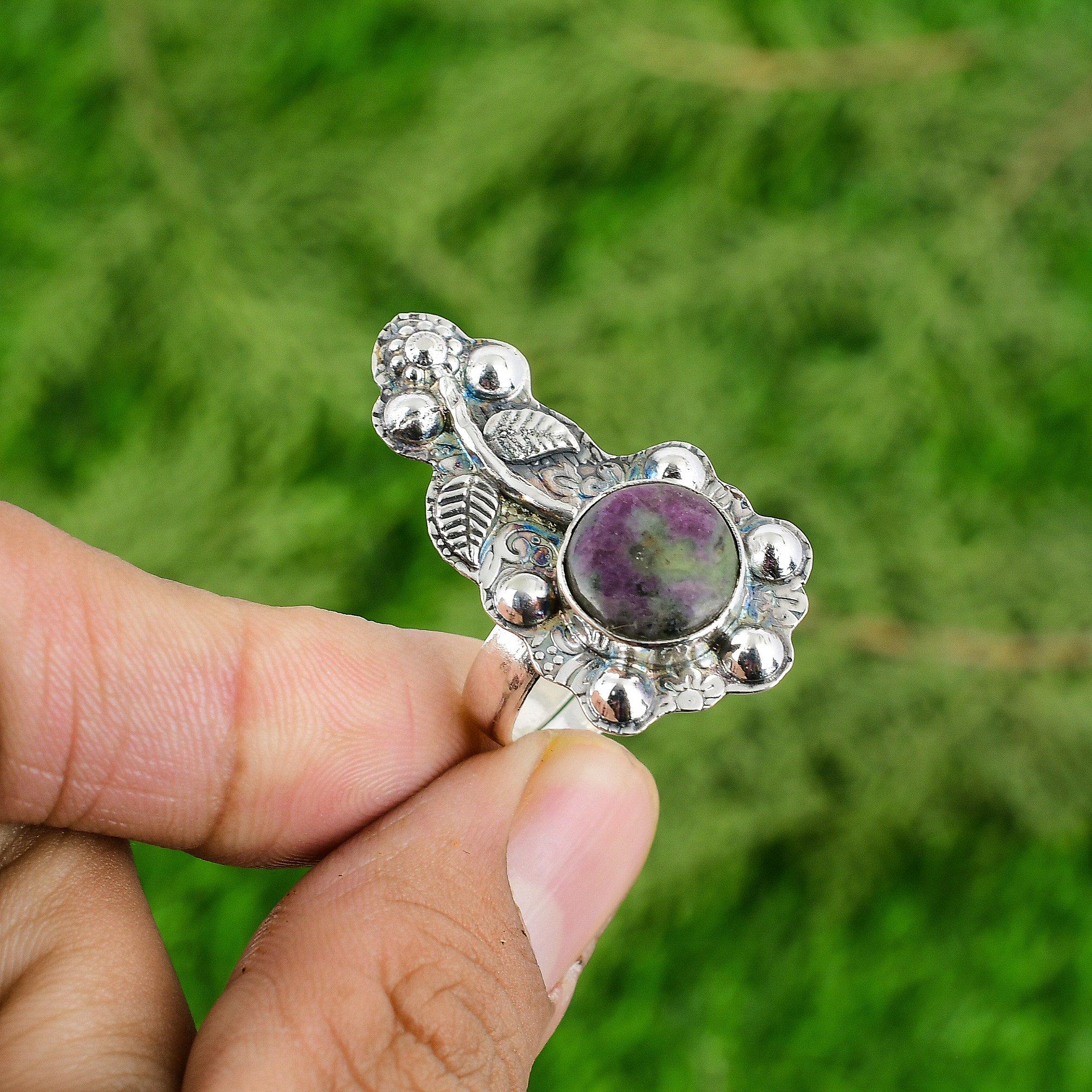 Sterling Silver Ruby Zoisite Stone Birthday Statement Ethnic Flower Ring Jewelry