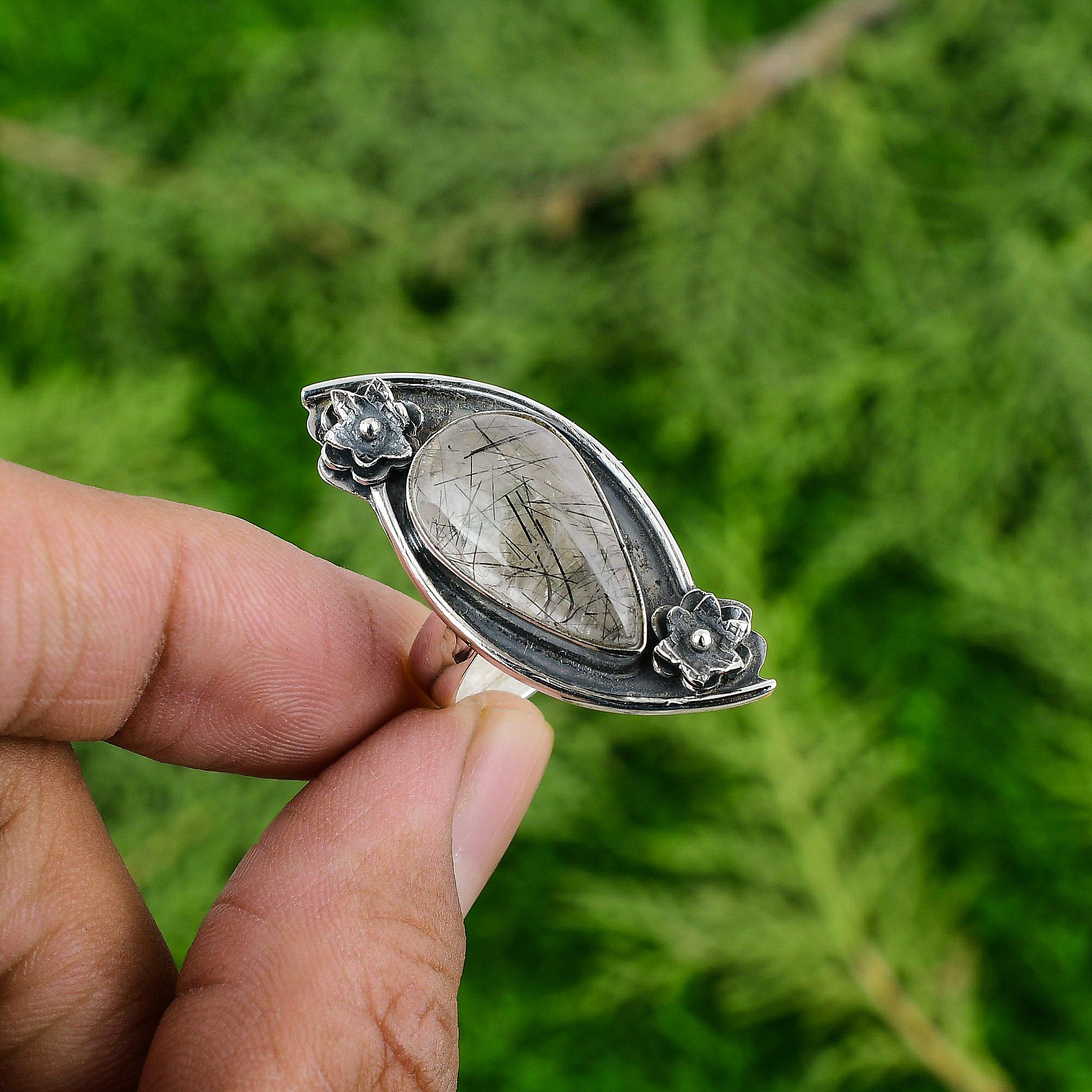 925 Silver Natural Black Rutilated Quartz Flower Solitaire Daughter Ring Jewelry