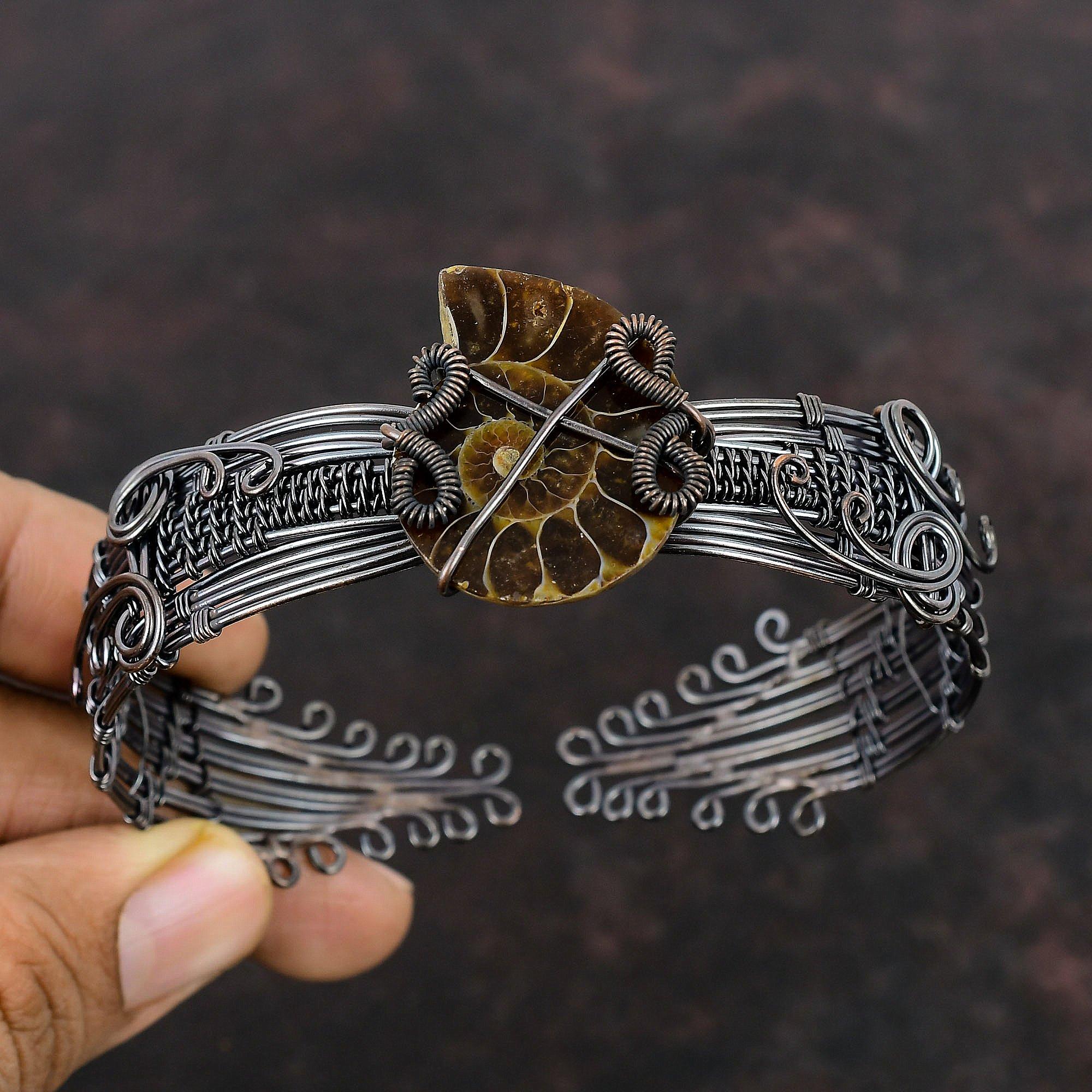 Браслет из аммонитовой окаменелой медной проволоки, браслет-манжета, браслет-манжета, регулируемая манжета, медная проволока ручной работы, ювелирные изделия, браслет из аммонитового ископаемого драгоценного камня