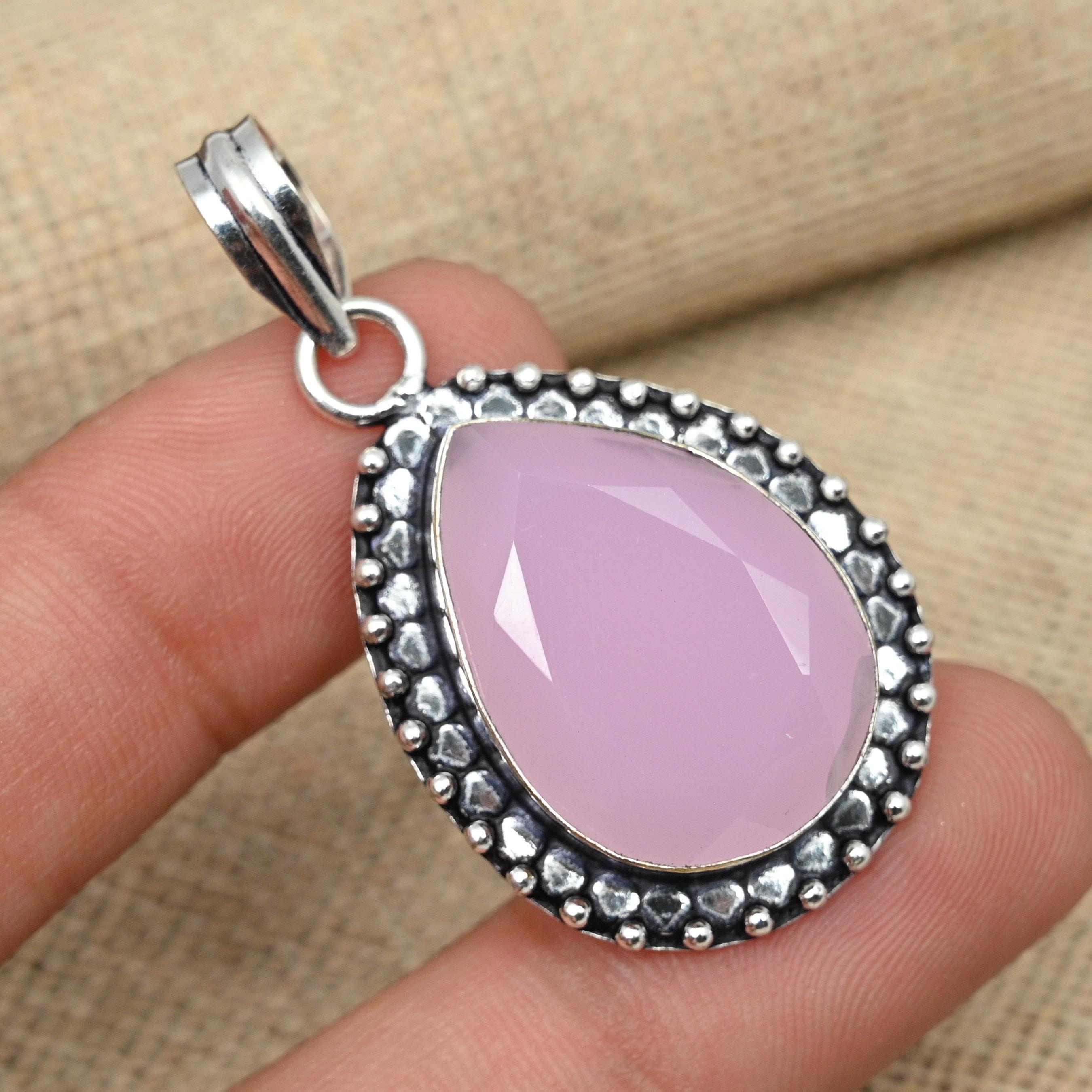 Pink Chalcedony Gemstone Solid 925 Sterling Silver Wedding Gift Handmade Jewelry Pendant