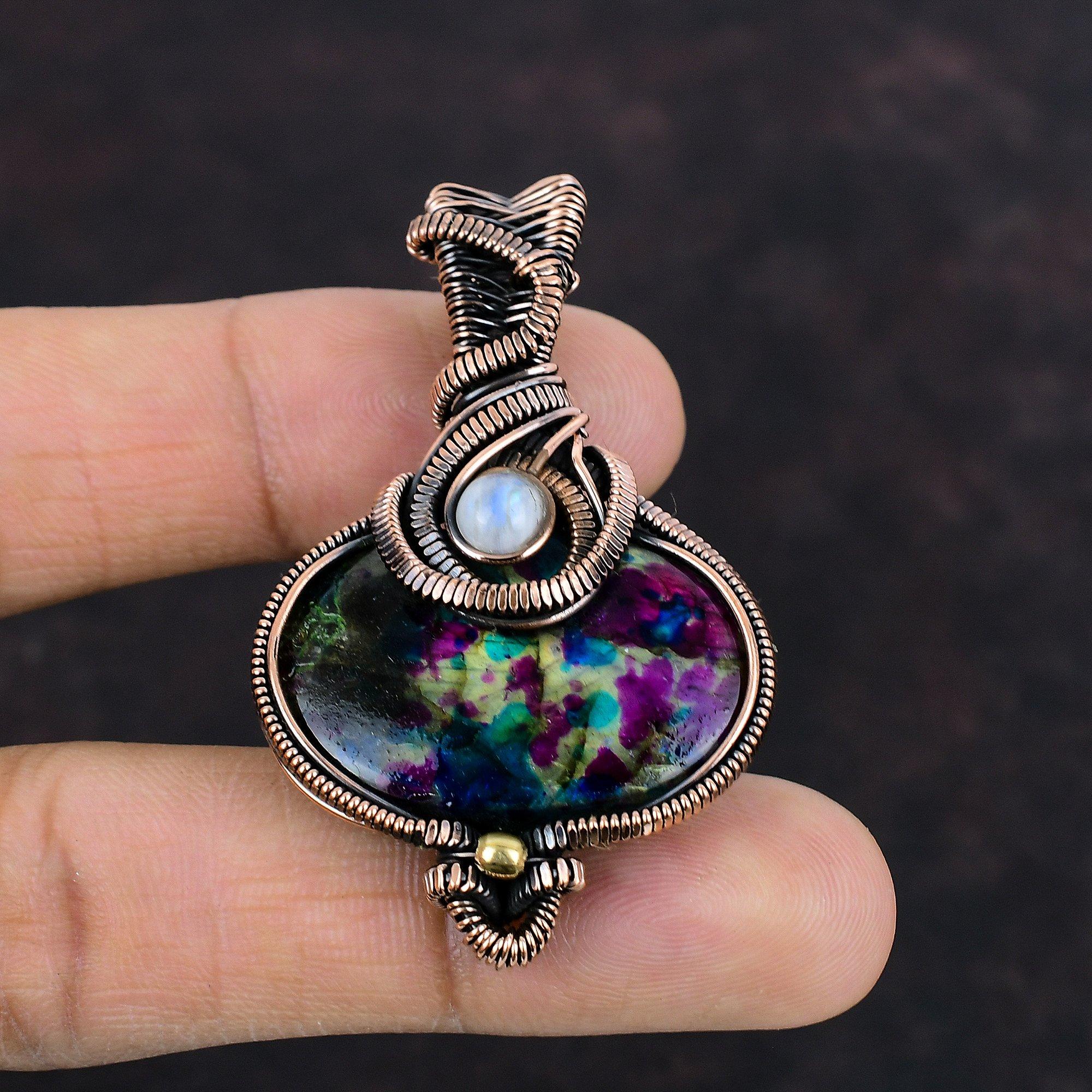 Кулон из разноцветного огненного лабрадорита, кулон из радужного лунного камня, обернутый медной проволокой, подвеска ручной работы из драгоценных камней, дизайнерское ювелирное изделие, подарок для мамы
