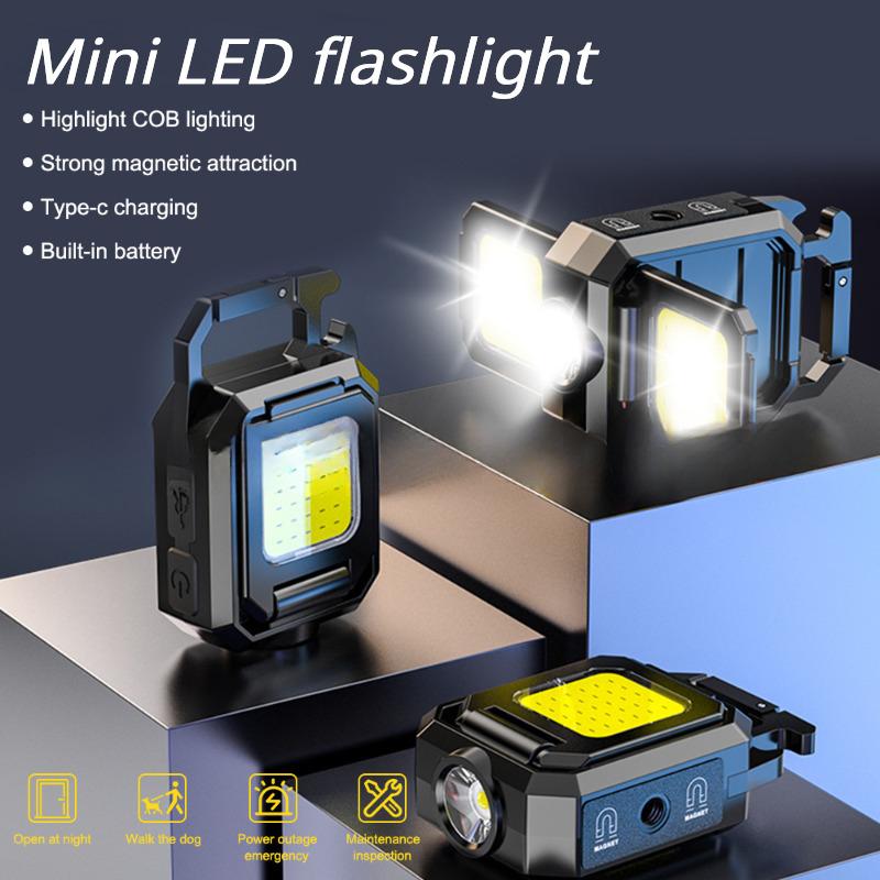 Mini COB LED Keychain Flashlight Foldable USB Rechargeable Pocket Light with 3-Sided Illumination for Camping Hiking Emergency