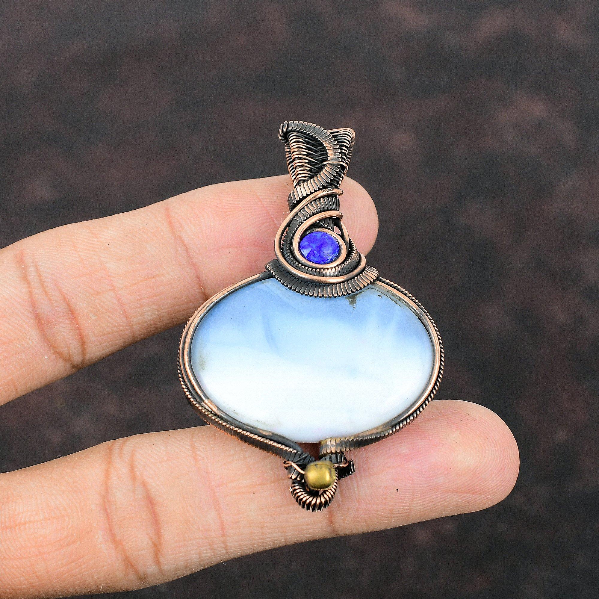 Owyhee Подвеска с синим опалом, медная проволока, кулон ручной работы, кулон с драгоценным камнем, подарок для матери, кулон из лазурита, медная проволока, ювелирные изделия