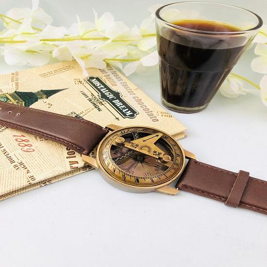 Морские латунные солнечные часы, кожаный ремешок, штампованный наручный компас для навигации, наручные часы, кожаный ремешок, коллекционный подарок