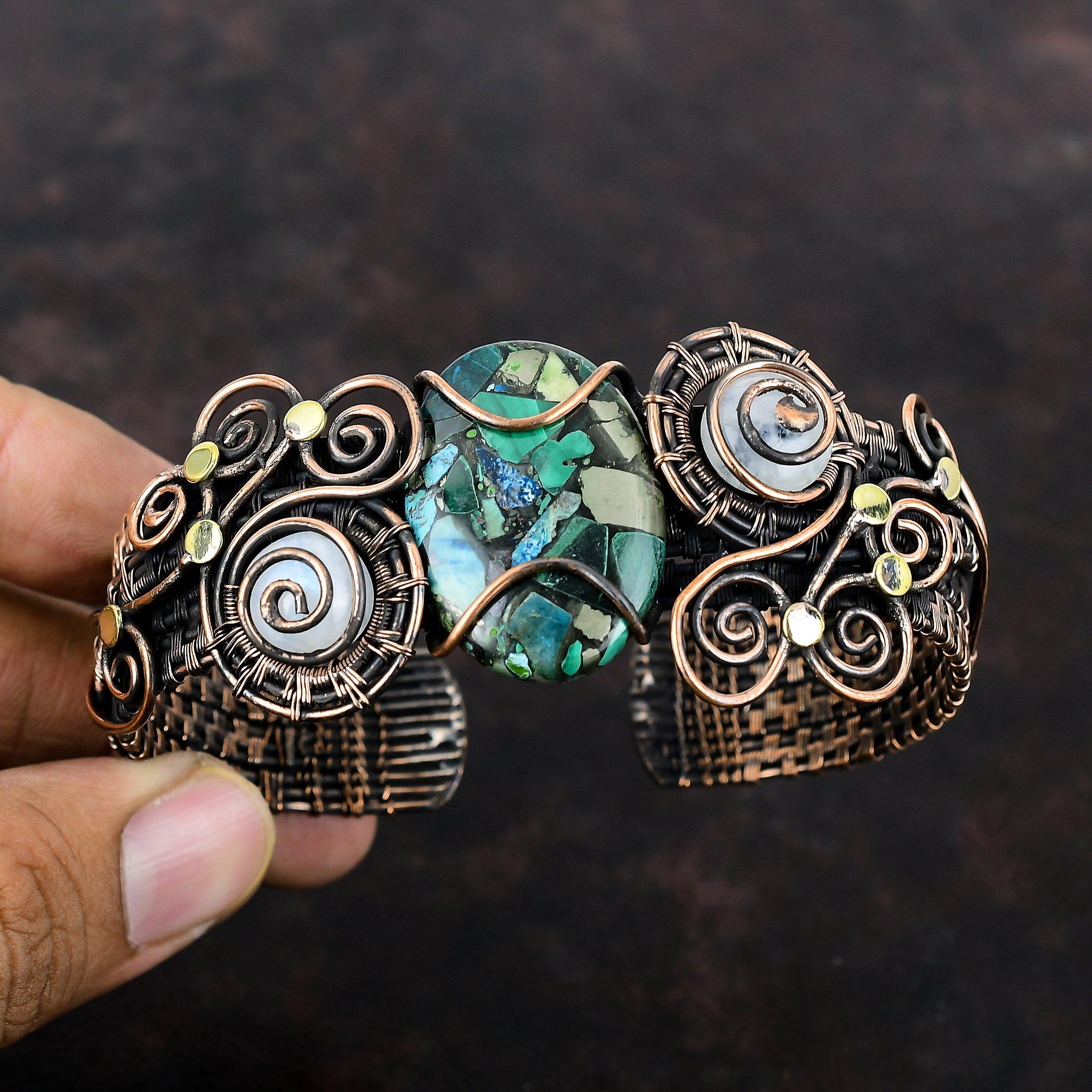 Медный азурит-малахитовый браслет-манжета Браслет из медной проволоки Регулируемый браслет-манжета Браслет из лунного камня Изысканные ювелирные изделия ручной работы из драгоценных камней