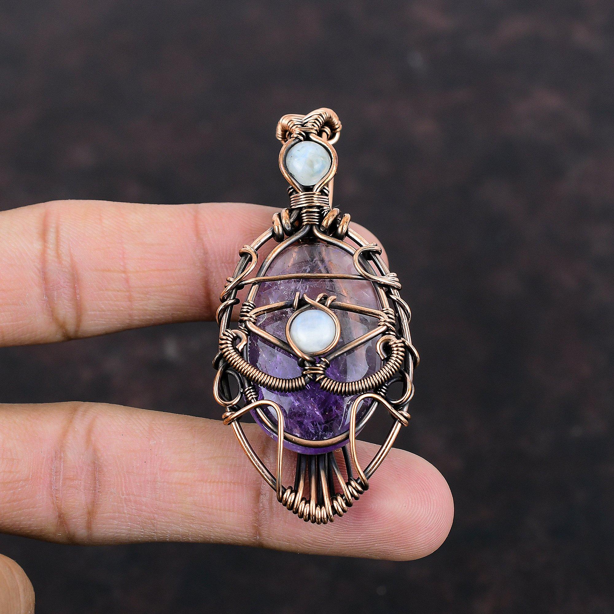 Кулон Злой Глаз Звезда Аметист Кулон из Драгоценного Камня, Обмотанный Медной Проволокой Радужный Лунный Камень Ювелирное Изделие Подарок для Нее Ювелирное Изделие Ручной Работы, Обмотанное Медной Проволокой