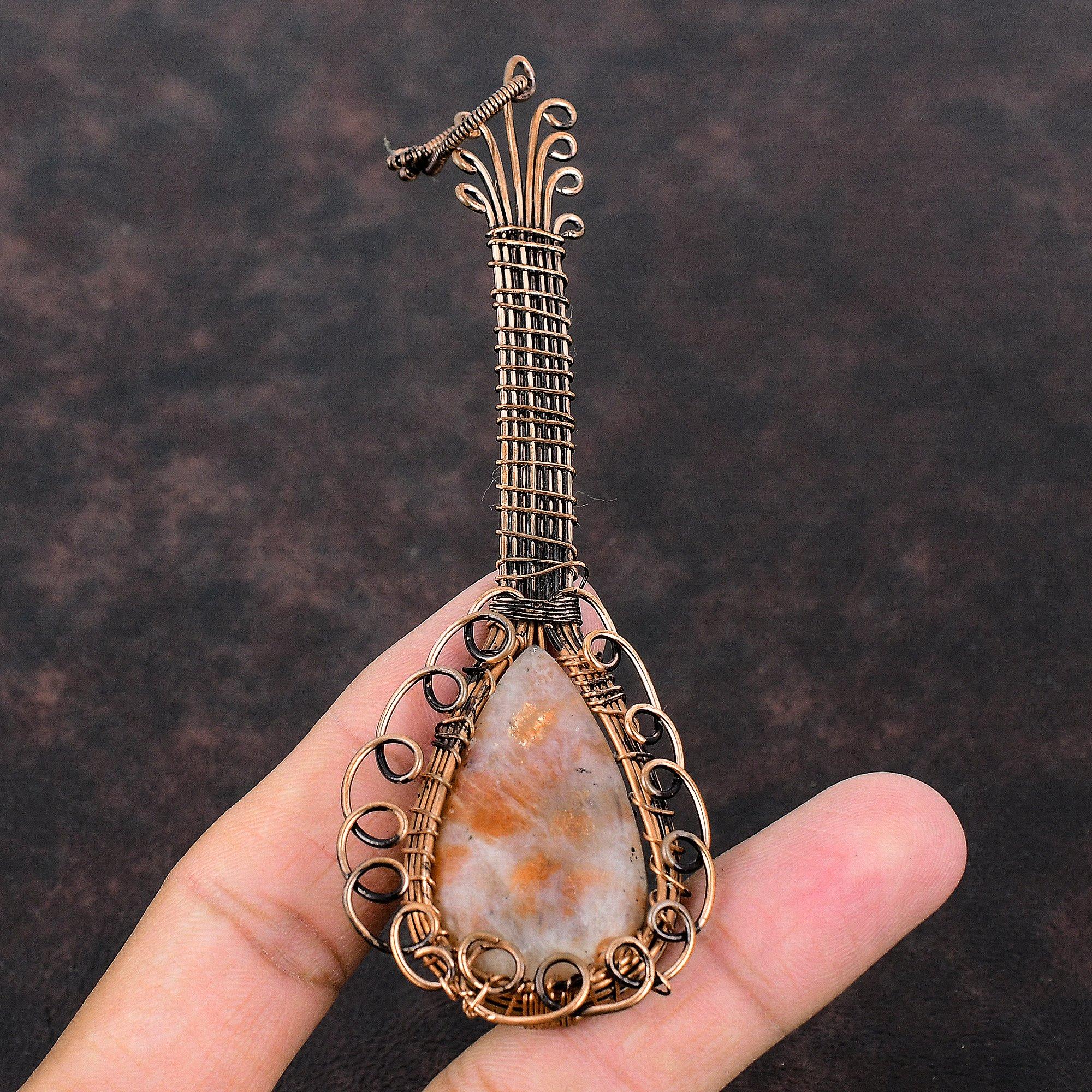 Sunstone Copper Wire Wrapped Pendant Unique Guitar Pendant Gemstone Copper Jewelry Handmade Designer Pendant Wrapped Pendant Gift For Mother