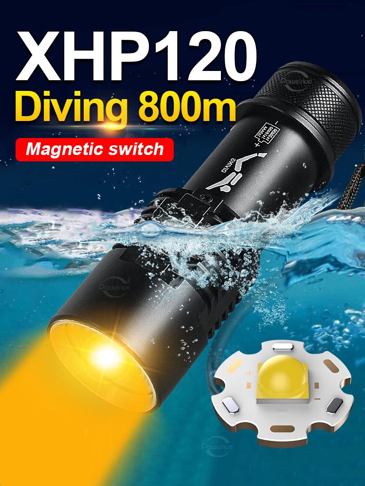 9000LM XHP120 Профессиональный водонепроницаемый фонарик для дайвинга 800 м Подводный фонарь для подводного плавания IPX8 Свет для дайвинга с использованием батареи 26650