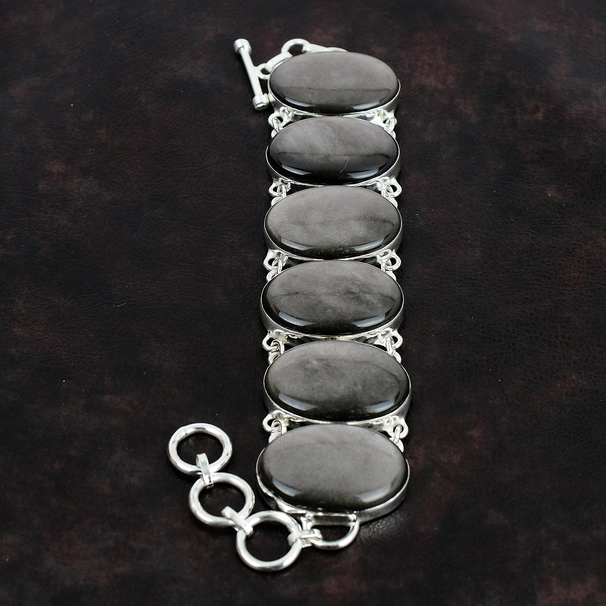 Серебряный браслет из обсидиана Браслет из стерлингового серебра 925 пробы Регулируемый браслет-цепочка Браслет из драгоценных камней ручной работы Дизайнерские украшения для подарков