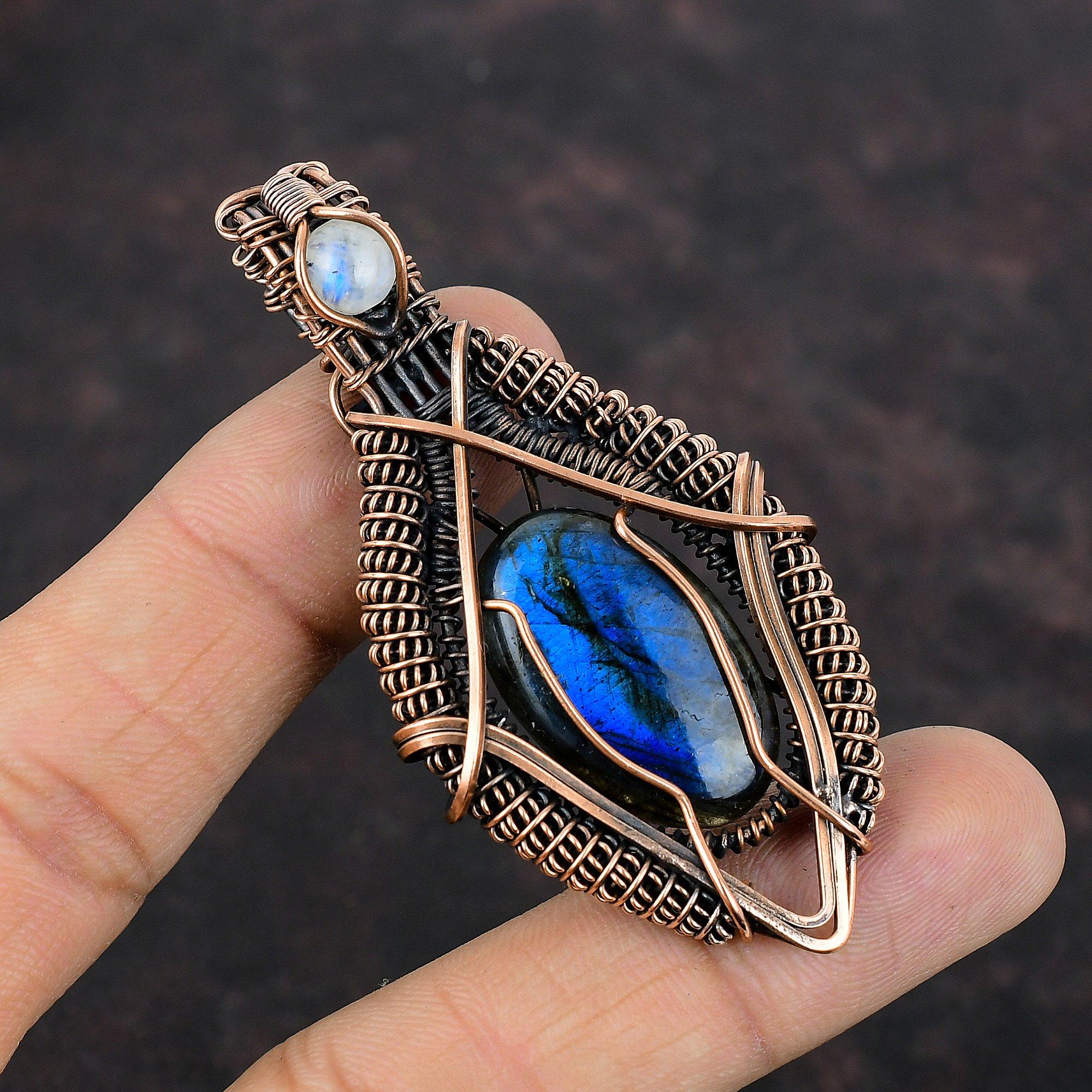 Лабрадорит Подвеска Медная проволока Ювелирные изделия Радуга Лунный камень Драгоценные камни Медный кулон Ручная работа Подвеска из проволочной обмотки Подарок для мамы