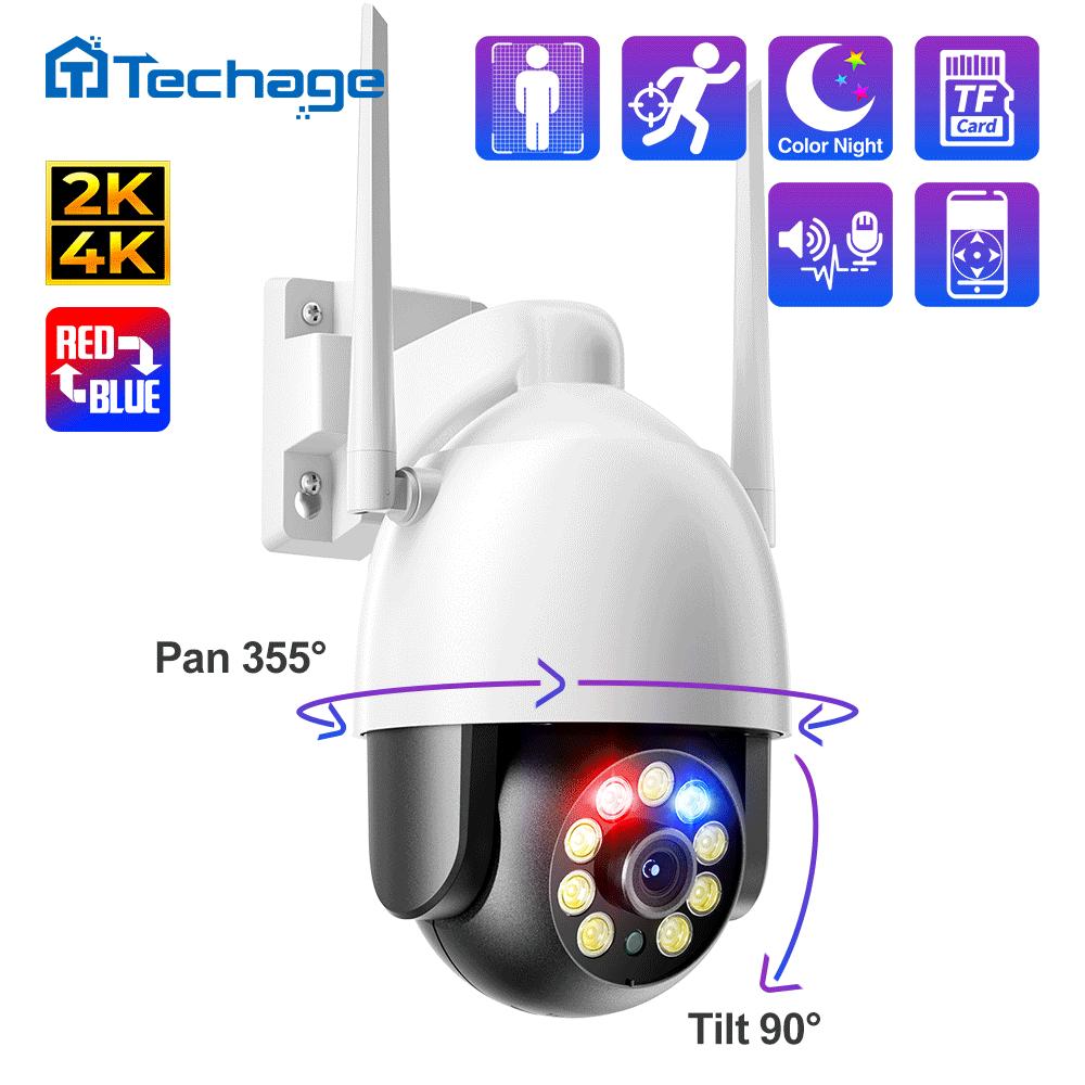 Techage H.265 Ultra HD 2K/4K Беспроводная IP-камера 4MP/8MP Наружная скоростная купольная PTZ-камера Красно-синяя световая сигнализация AI Обнаружен человек P2P