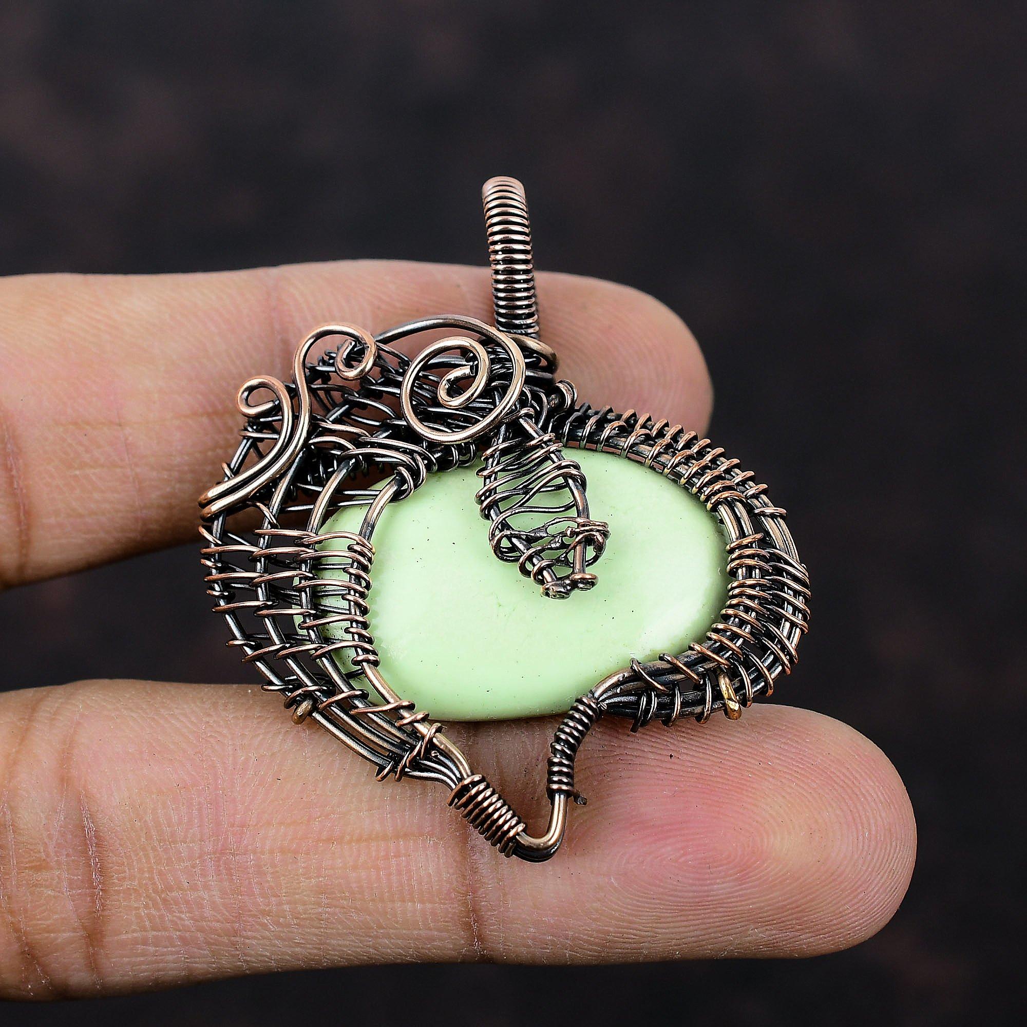 Подвеска из лимонного хризопраза, медная проволочная обертка, драгоценный камень, медные украшения, подвеска ручной работы, проволочная обертка, хризопраз, ювелирные изделия, подарок для мамы