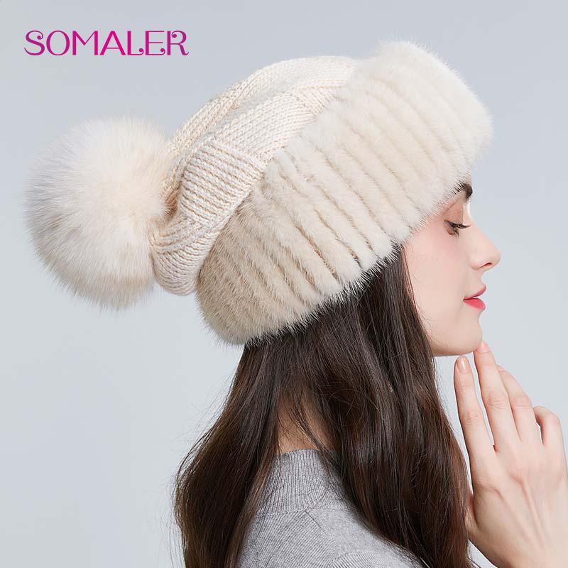 Winter Mink Fur Knitted Wool Hat for Women Fox Fur Pompom Slouchy Beanie Fashion Warm Style Cap Baggy Crochet Hat